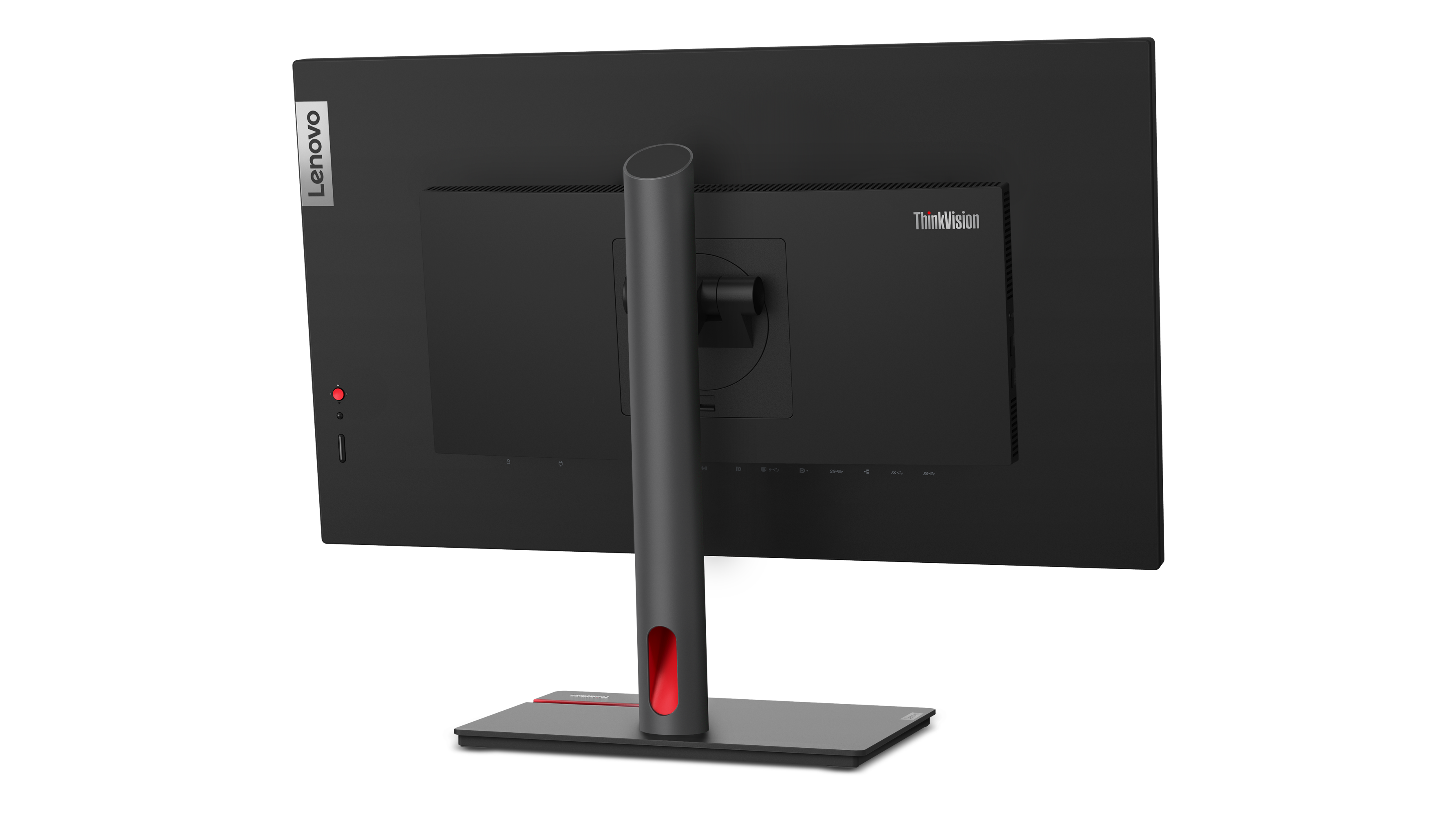Rückansicht eines schwarzen Lenovo ThinkVision Monitors. Er hat einen grauen Ständer mit rotem Akzent und das Lenovo-Logo.