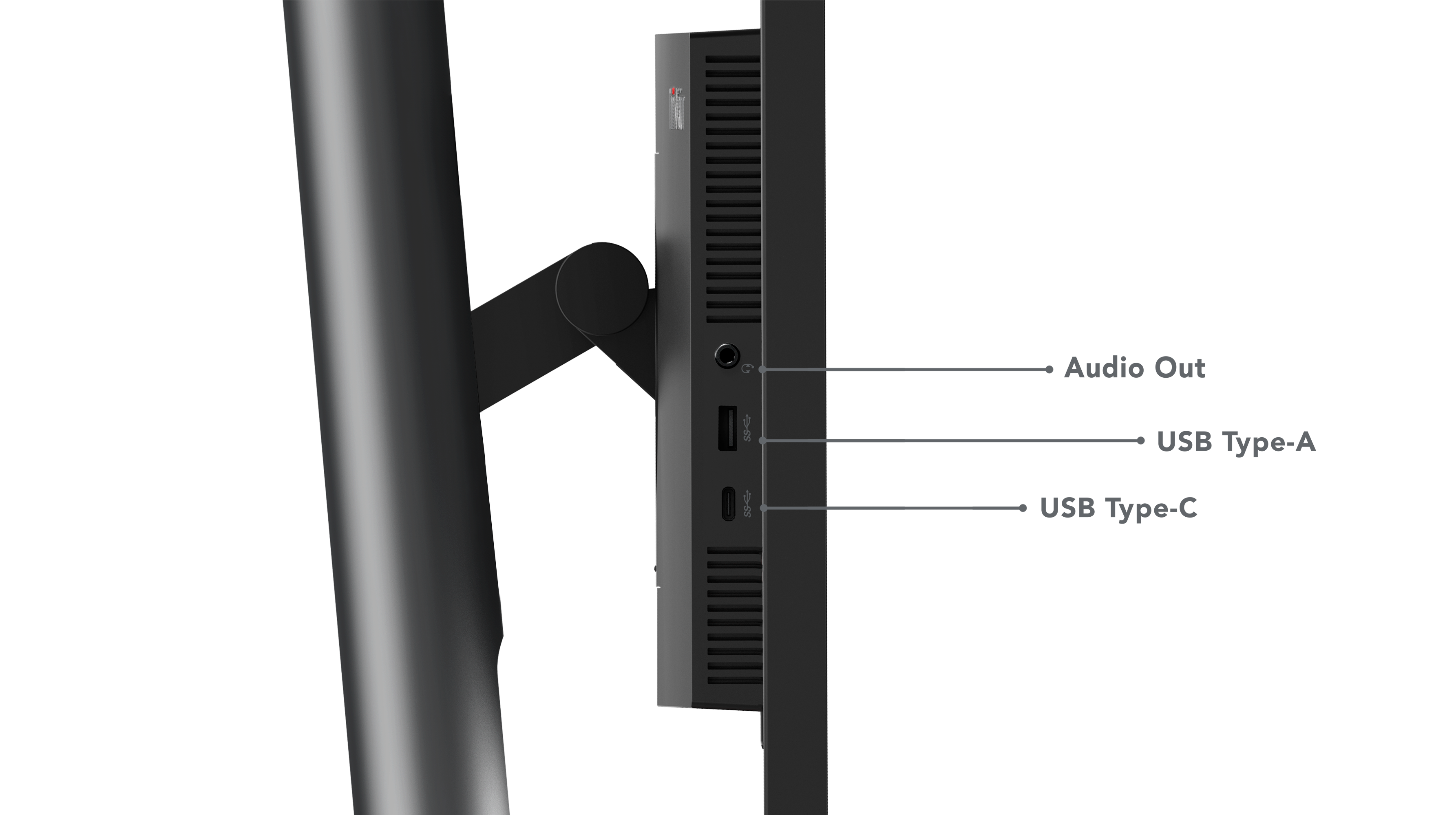 Die Seite eines Monitors zeigt Audioausgang, USB Typ-A und USB Typ-C Anschlüsse. Ein schwarzer Ständer und die Rückseite sind sichtbar.