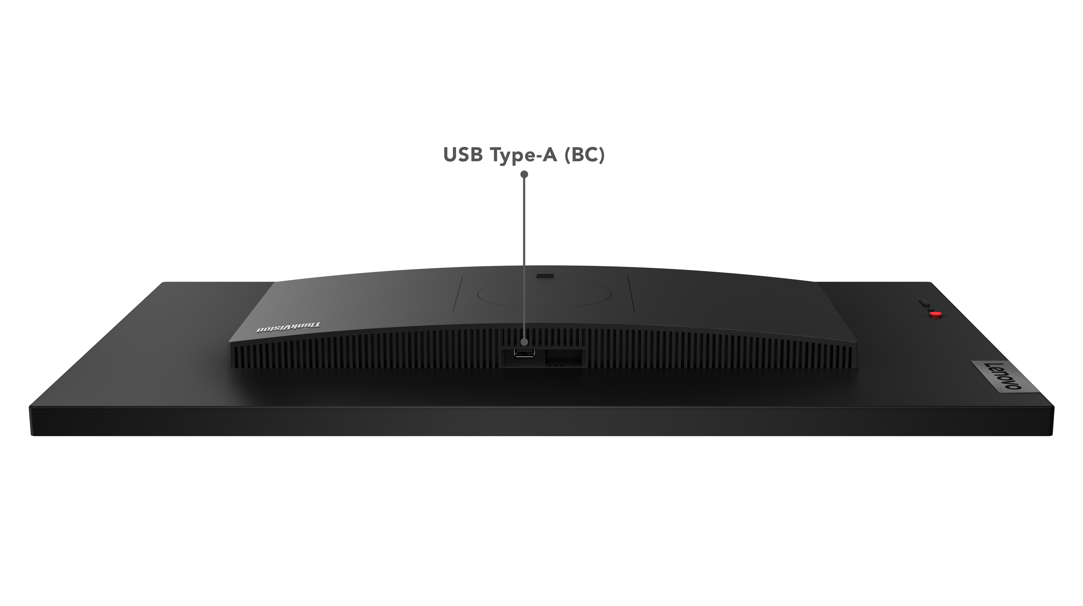 Rückseite des schwarzen Monitors mit USB-Anschluss und Lenovo-Logo. USB Typ-A ist beschriftet. Ein roter Netzschalter ist sichtbar.