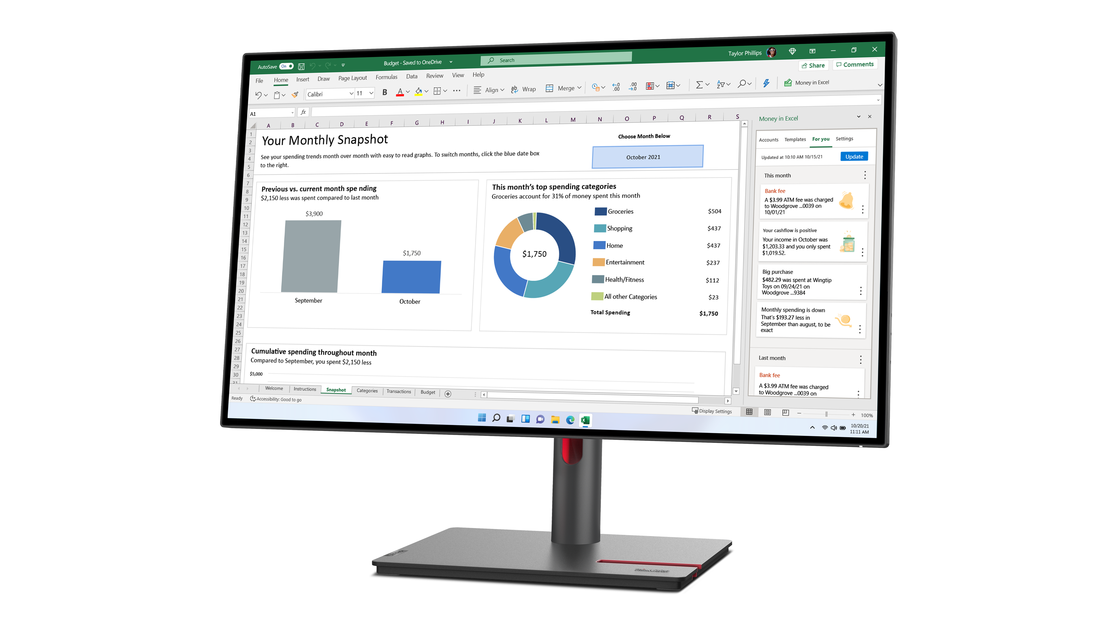 Ein Computerbildschirm zeigt ein Excel-Tabellenblatt mit Ausgabendaten, Diagrammen und Tabellen. Der Bildschirm ist schwarz.
