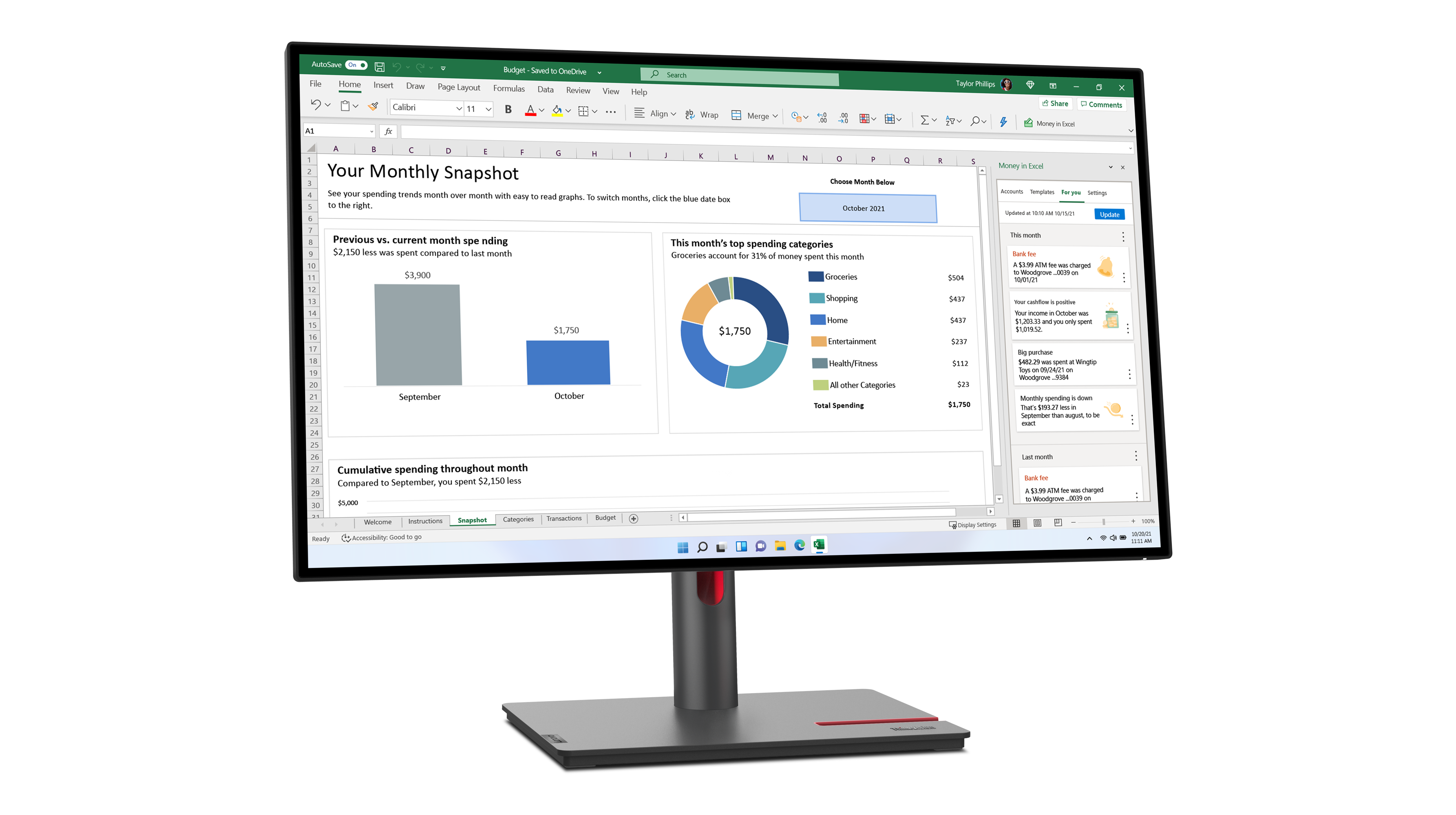 Ein Computerbildschirm zeigt eine Excel-Tabelle mit Ausgabendaten, Diagrammen und Finanzübersichten.