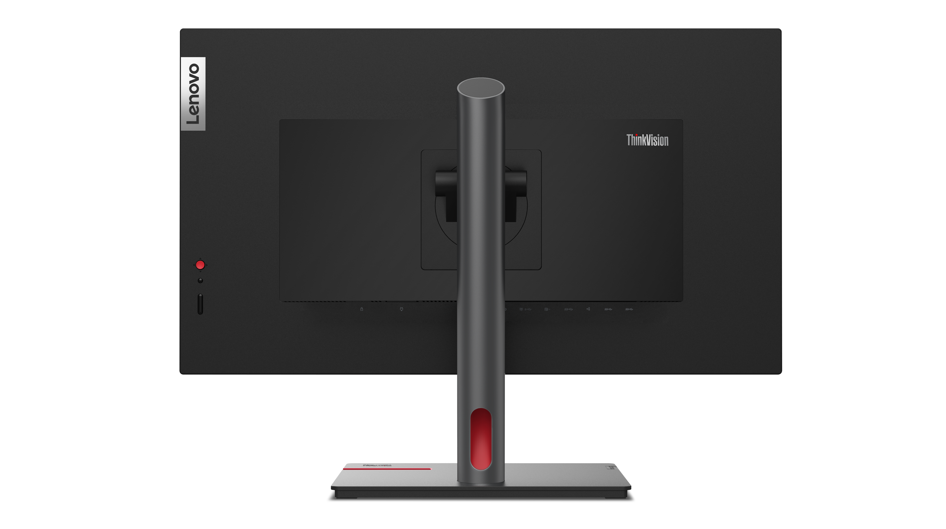 Rückansicht eines schwarzen Lenovo ThinkVision Monitors. Merkmale: Ständer mit roten Akzenten und Lenovo-Logo. Tasten und Anschlüsse sind sichtbar.