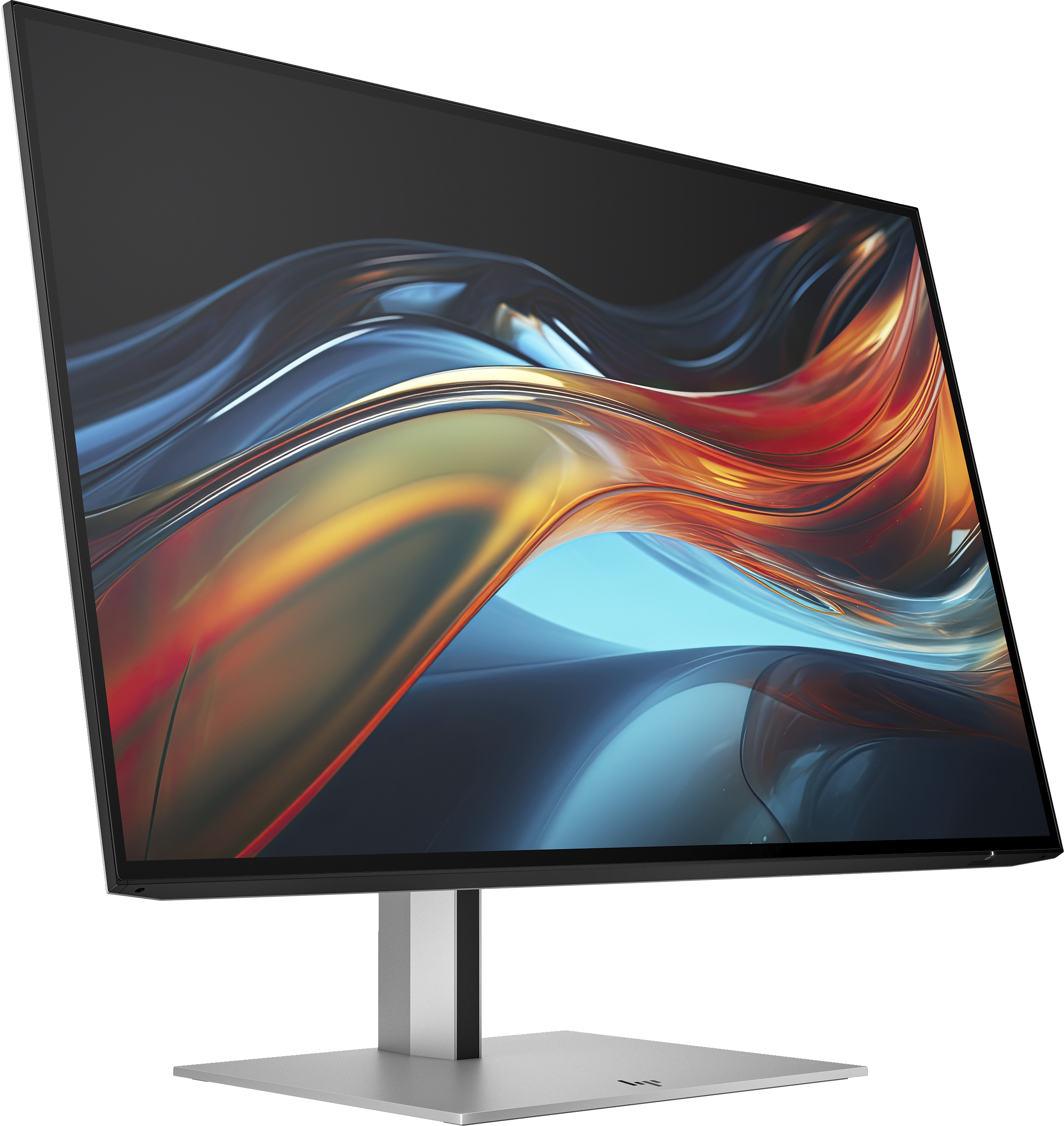Ein Computermonitor zeigt ein abstraktes, farbenfrohes Design mit schwarzem Rahmen und silbernem Ständer.