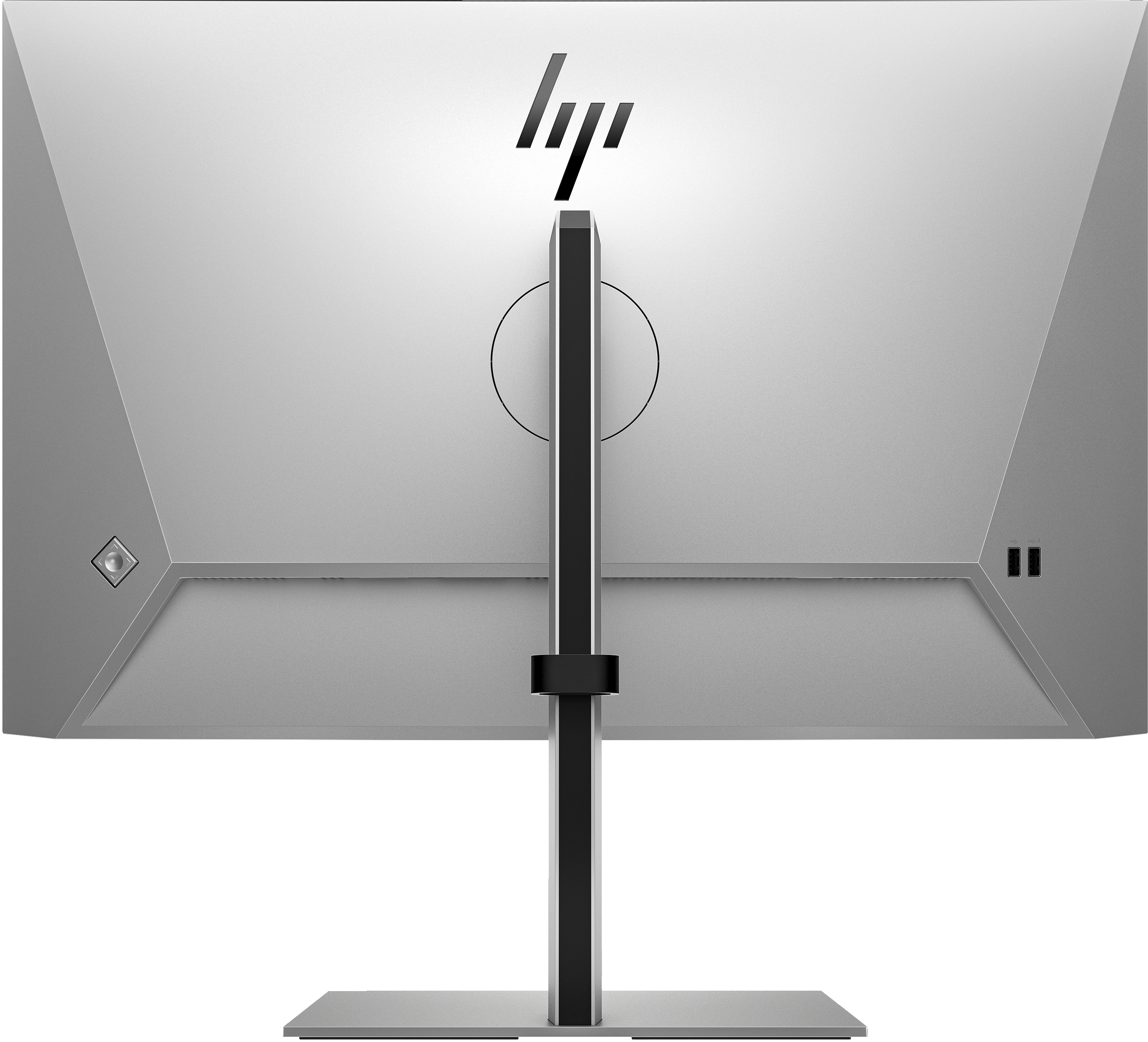 Rückansicht eines silbernen HP-Monitors. Der Ständer ist schwarz und silber. HP-Logo oben.