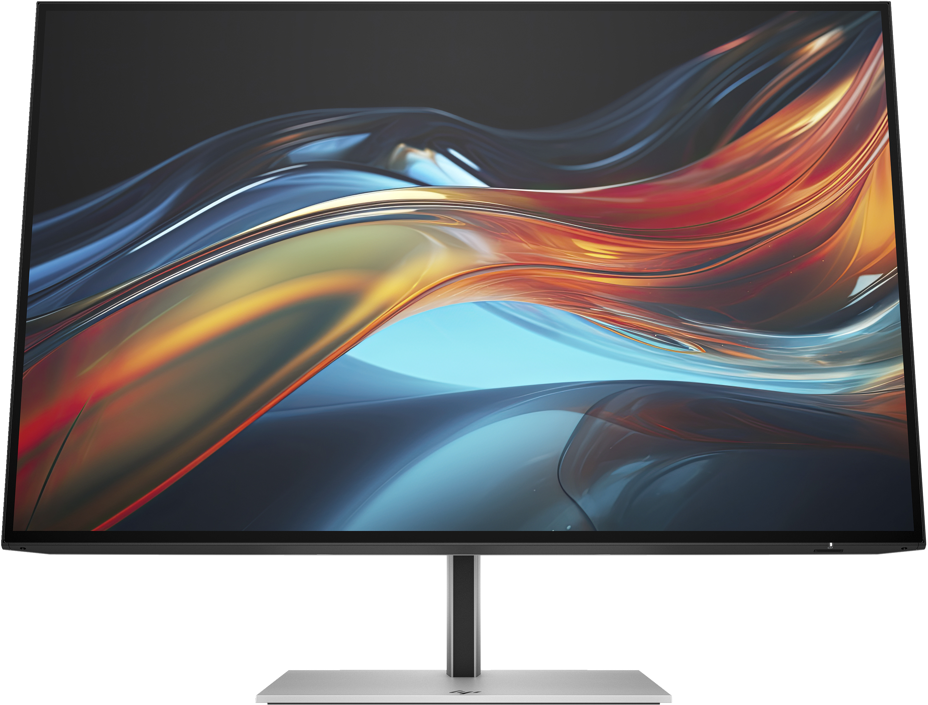 Ein Computermonitor mit schwarzem Rahmen zeigt ein abstraktes, farbenfrohes Design fließender Formen.