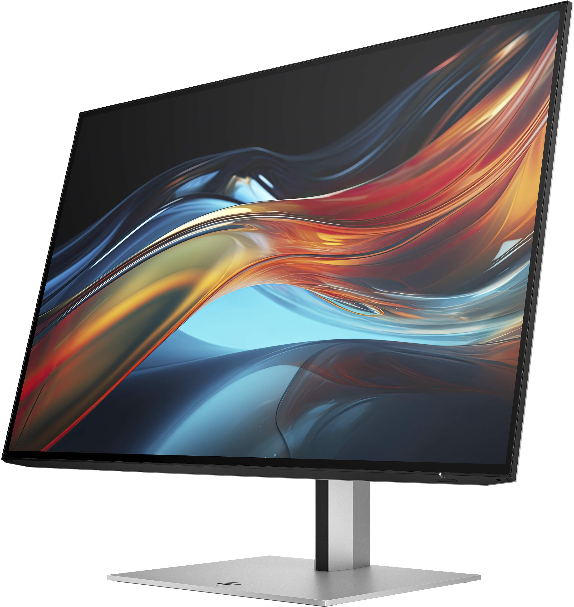 Ein Computermonitor mit schwarzem Rahmen und Ständer. Der Bildschirm zeigt abstrakte, farbenfrohe Wellen.