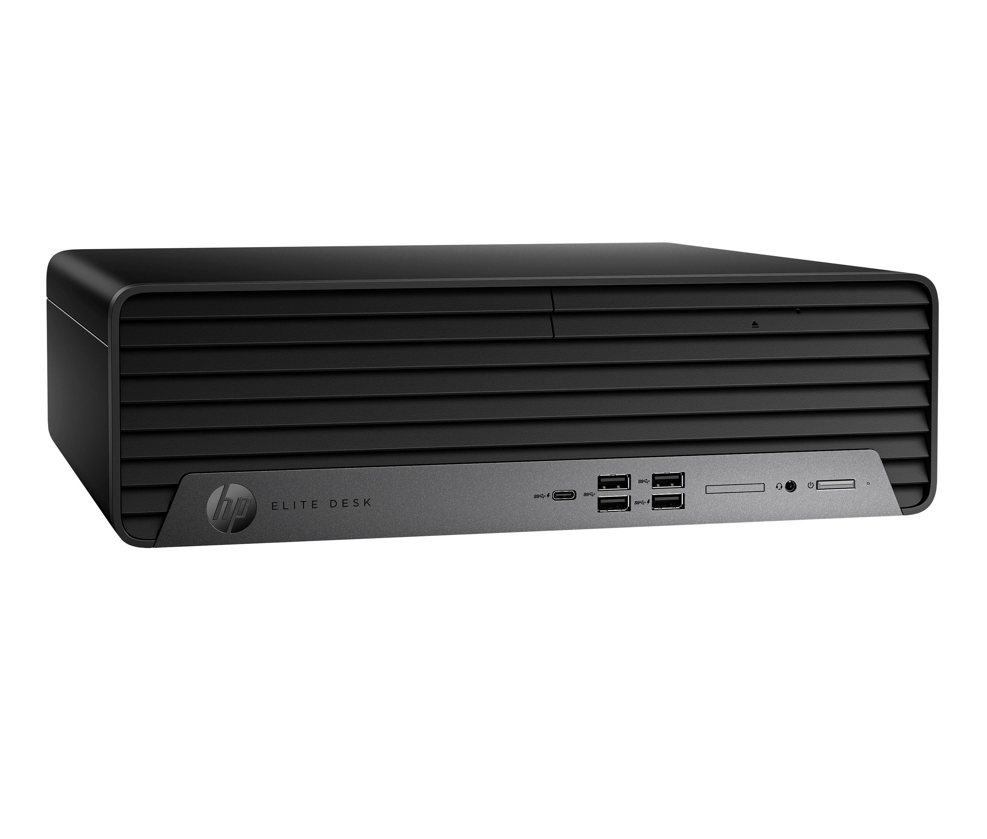 Schwarzer HP EliteDesk Desktop-Computer mit Anschlüssen und HP-Logo. Der Hintergrund ist schwarz.