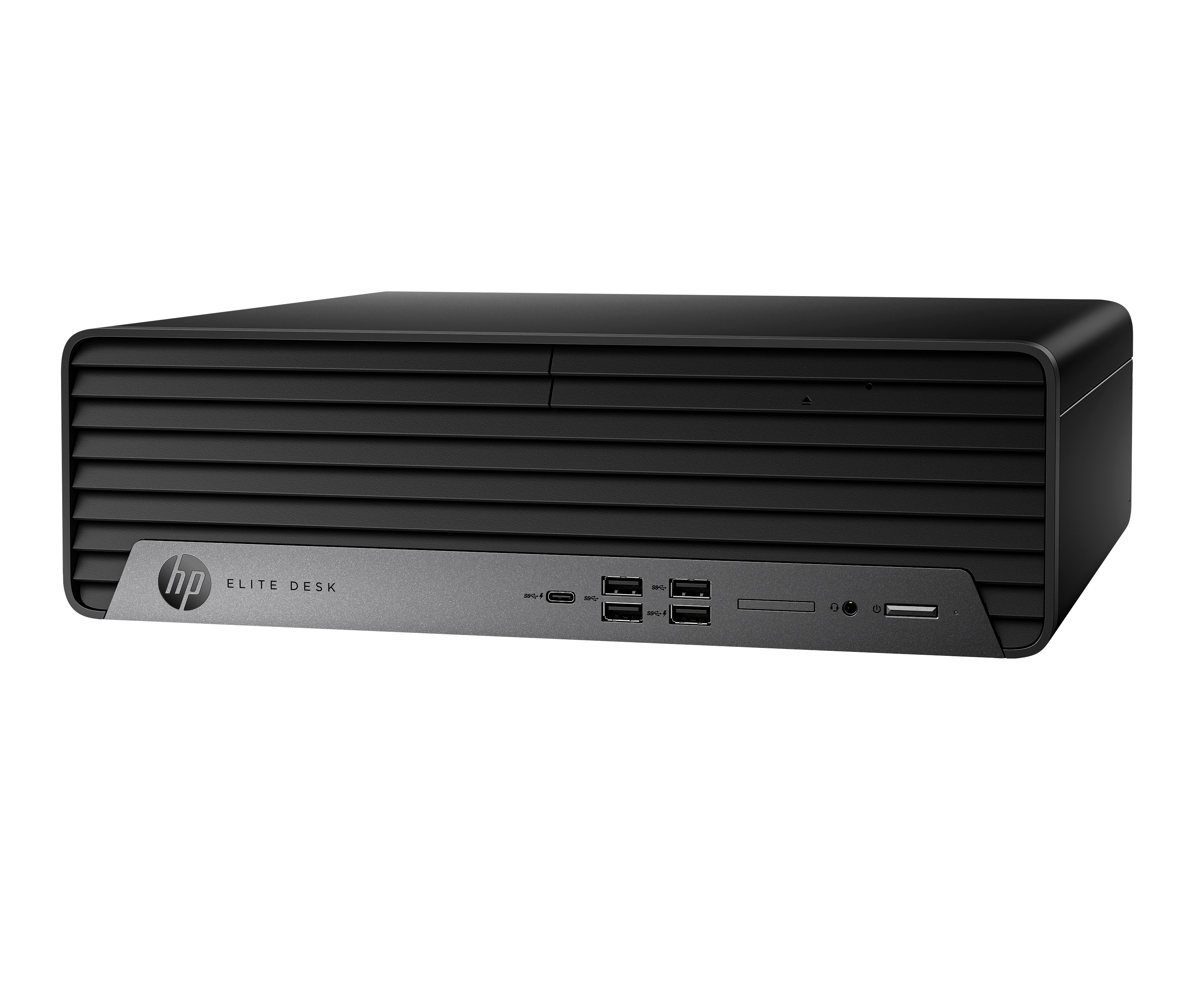 Schwarzer HP EliteDesk-Computer. Er hat Lüftungsschlitze an der Vorderseite, Anschlüsse und das HP-Logo unten.