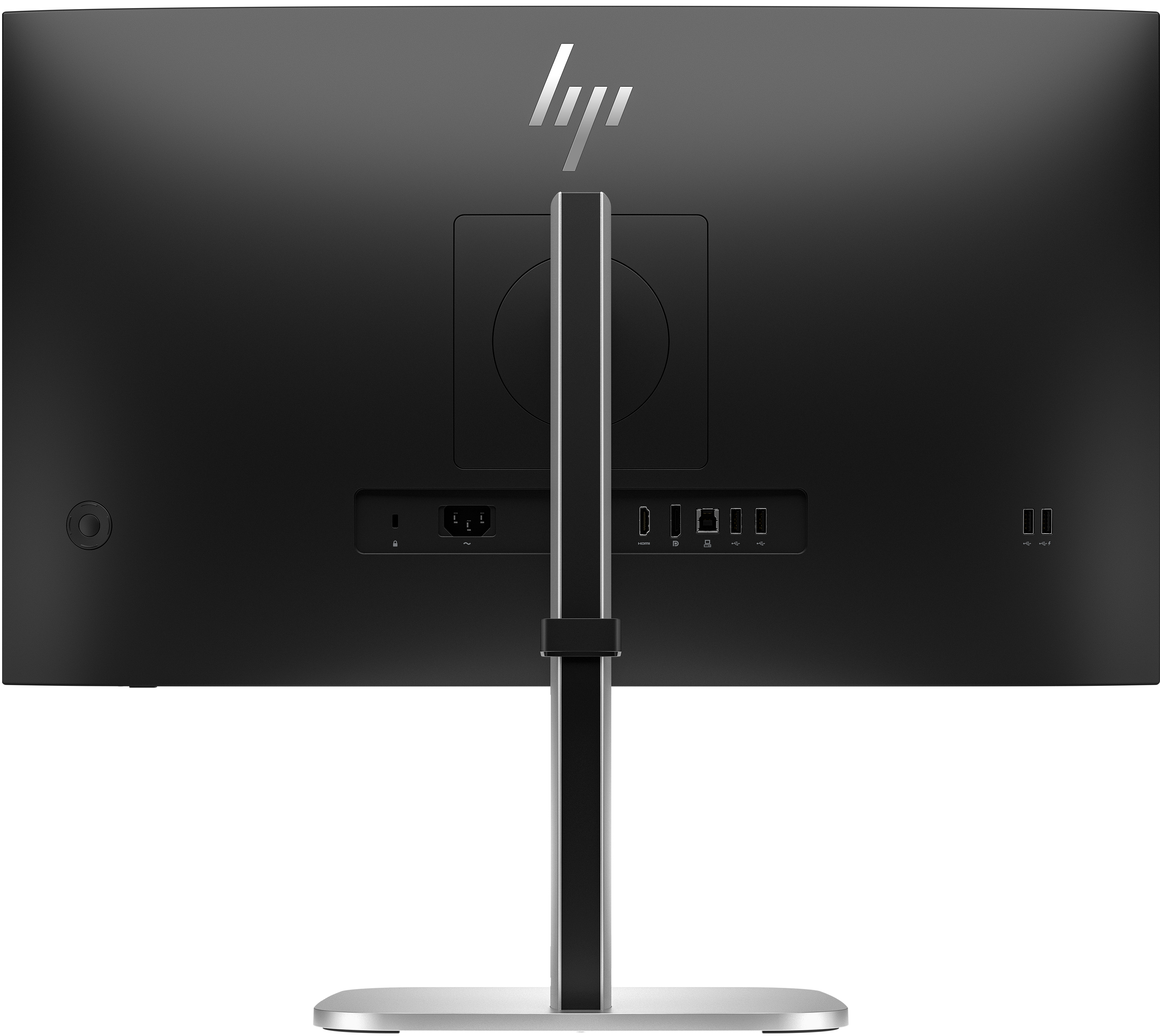 Rückseite eines schwarzen HP-Monitors. Anschlüsse und das HP-Logo sind sichtbar. Der Ständer ist silberfarben.