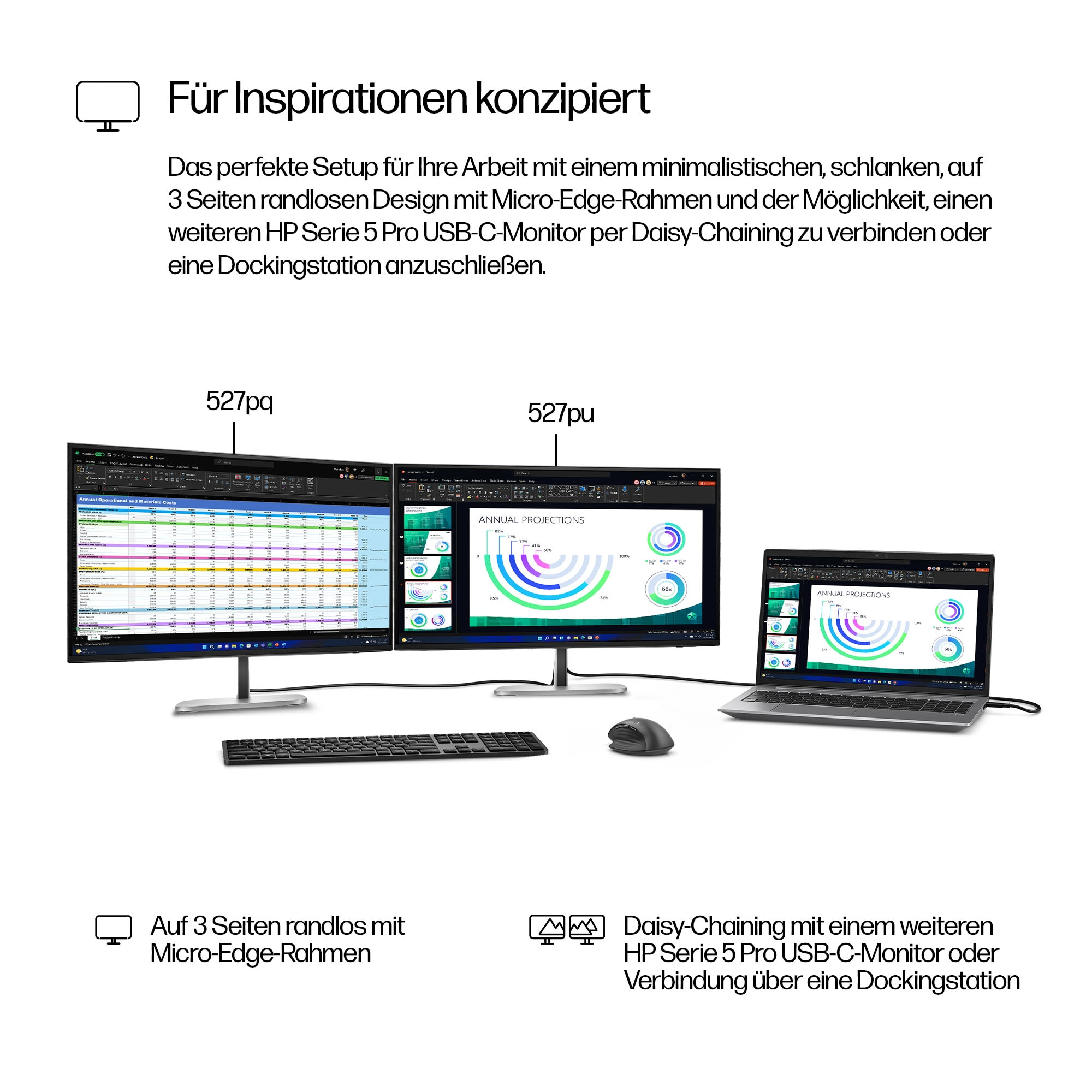Drei Monitore und ein Laptop zeigen Daten an. Tastatur und Maus liegen vor den Monitoren. Weißer Hintergrund.