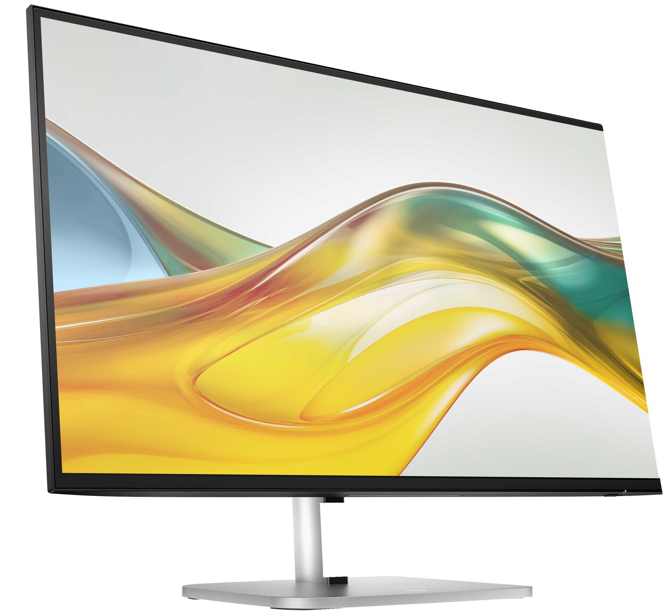 Ein Computermonitor zeigt ein fließendes, farbenfrohes abstraktes Design. Es hat einen silbernen Ständer und einen schwarzen Rahmen.