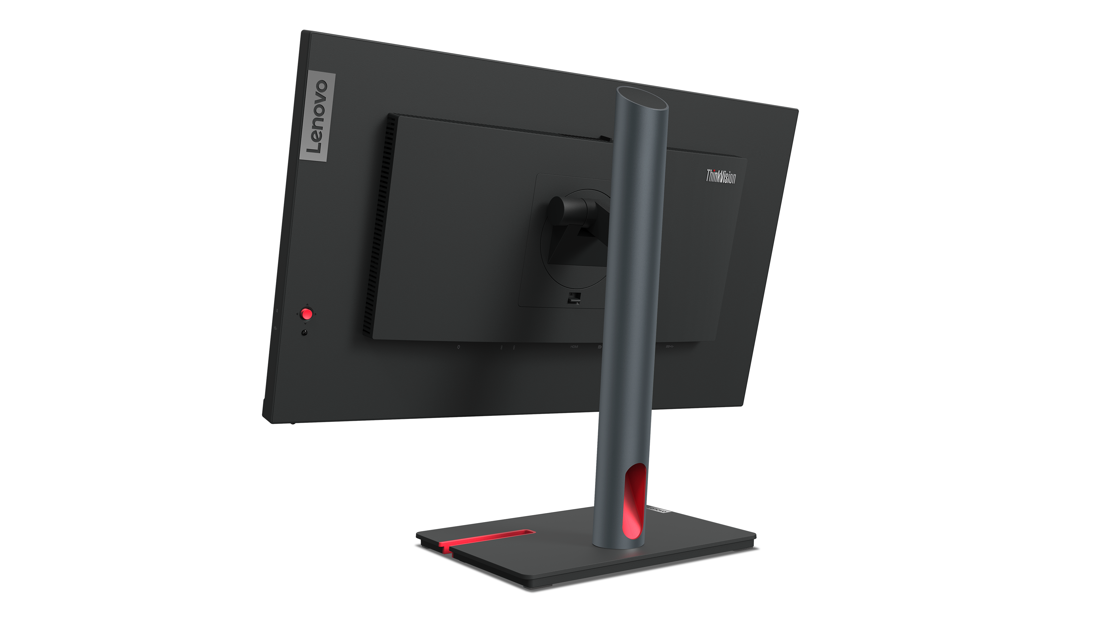 Schwarzer Lenovo ThinkVision Monitor, Rückansicht. Mit silbernem Ständer mit roten Akzenten. Lenovo- und ThinkVision-Logos sichtbar.