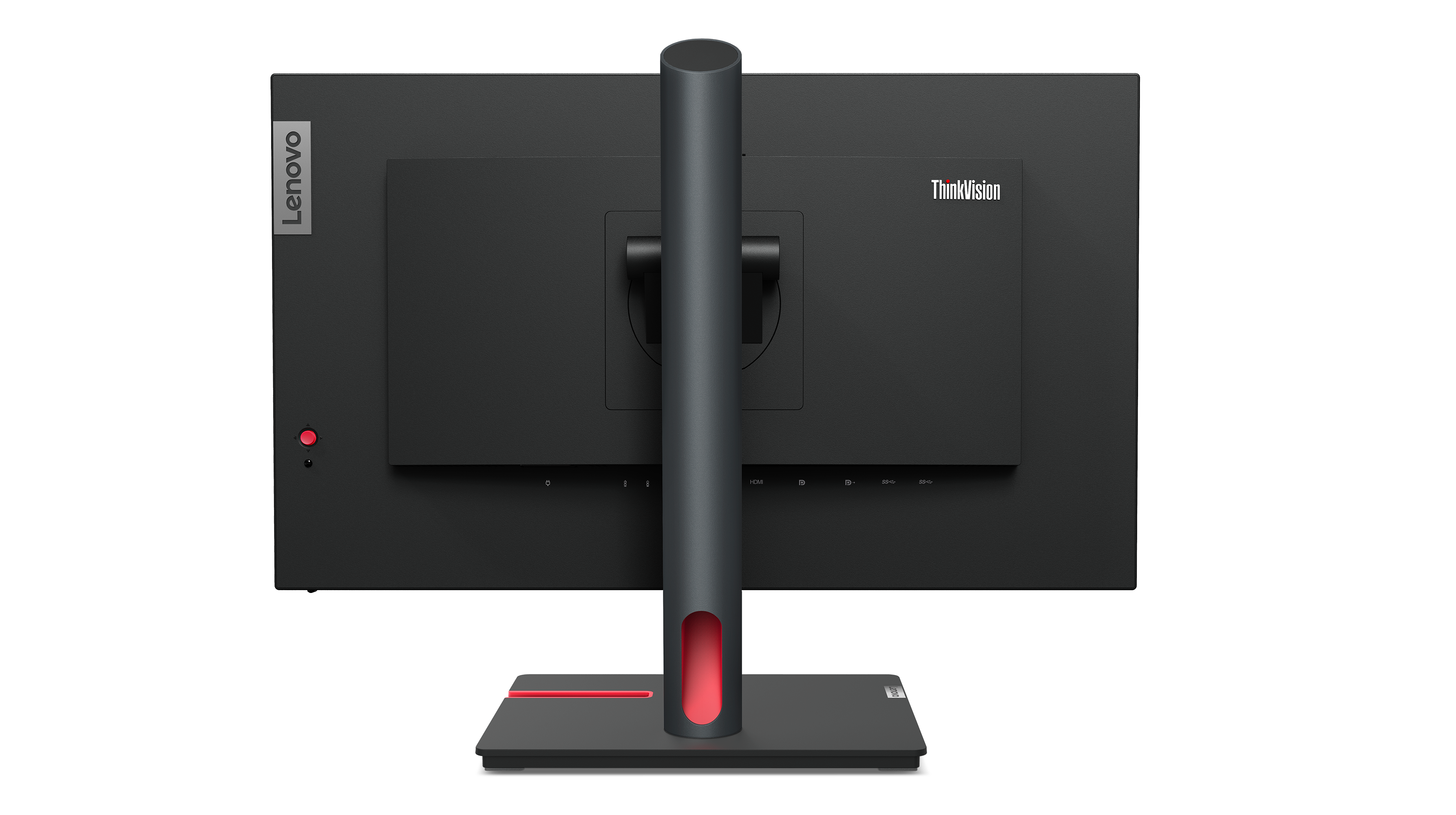 Rückseite eines schwarzen Lenovo ThinkVision Monitors mit Ständer. Hat einen Ein-/Ausschalter und Anschlüsse. Eine rote Linie und ein rotes Licht vorhanden.
