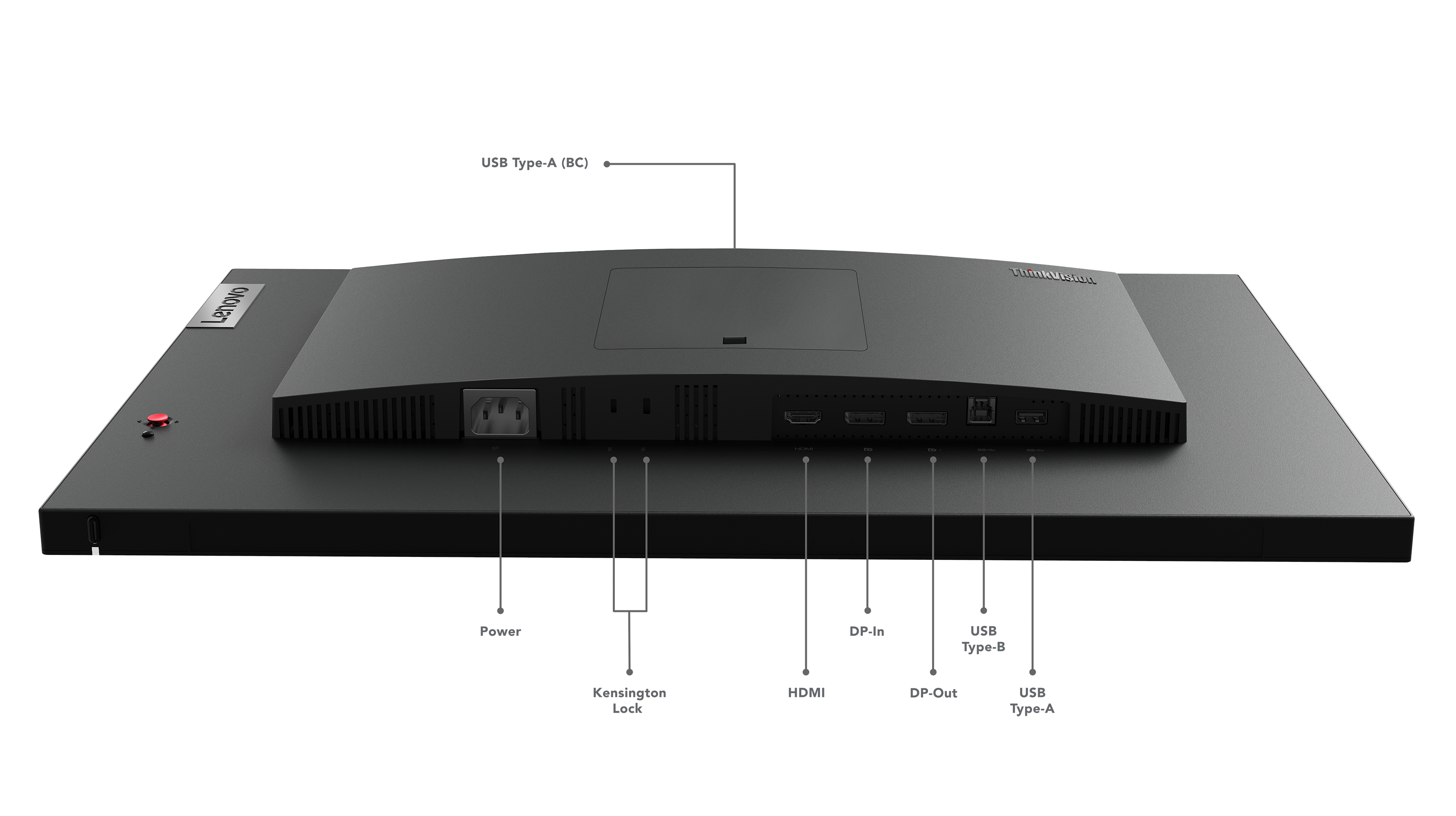 Rückseite eines schwarzen Monitors mit Anschlüssen: Strom, Kensington-Schloss, HDMI, DP-in, USB Typ-B, DP-out und USB Typ-A. Lenovo-Logo sichtbar.