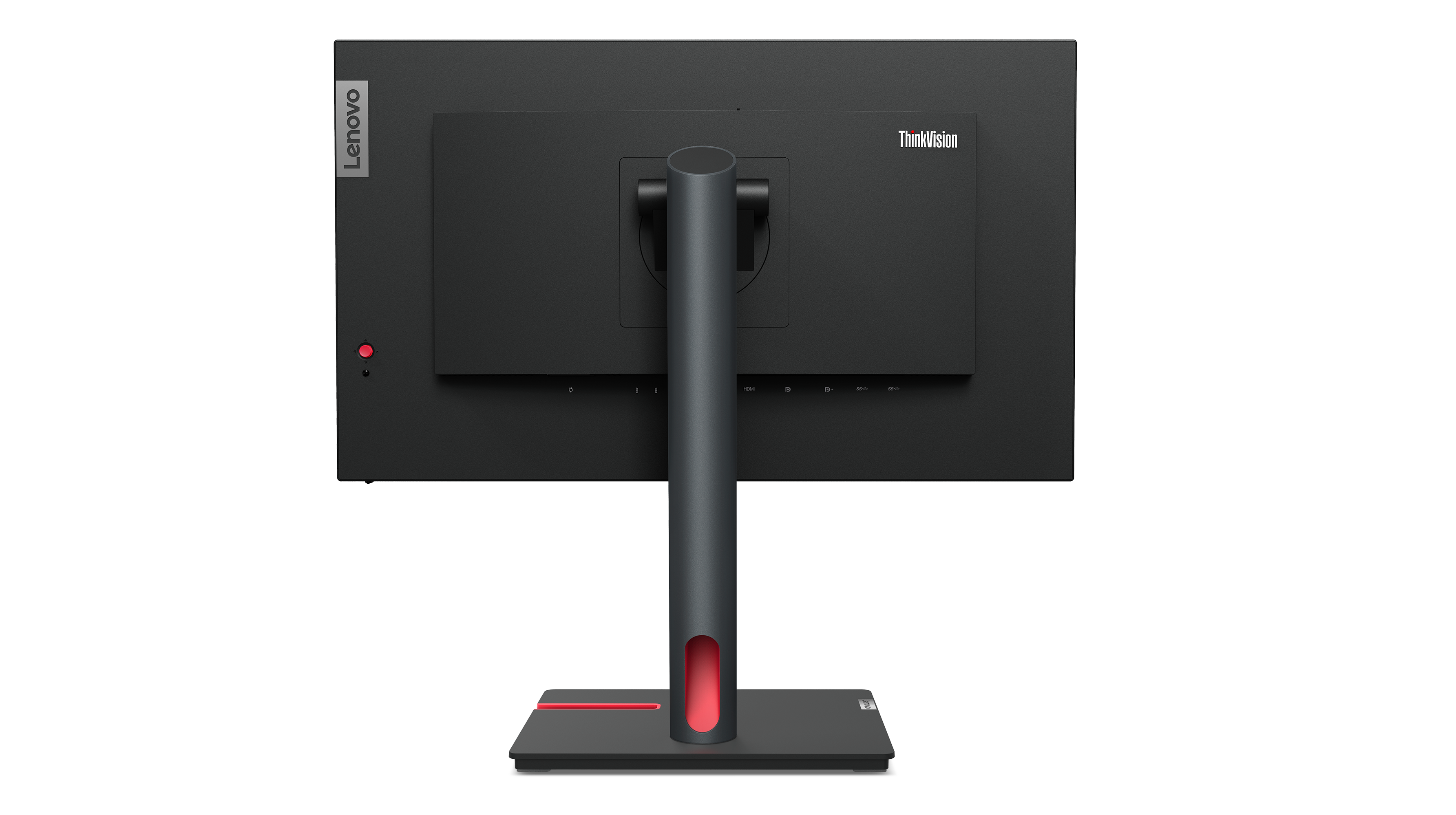 Rückansicht eines schwarzen Lenovo ThinkVision Monitors. Er hat einen Ständer mit rotem Akzent. Der Hintergrund ist schwarz.