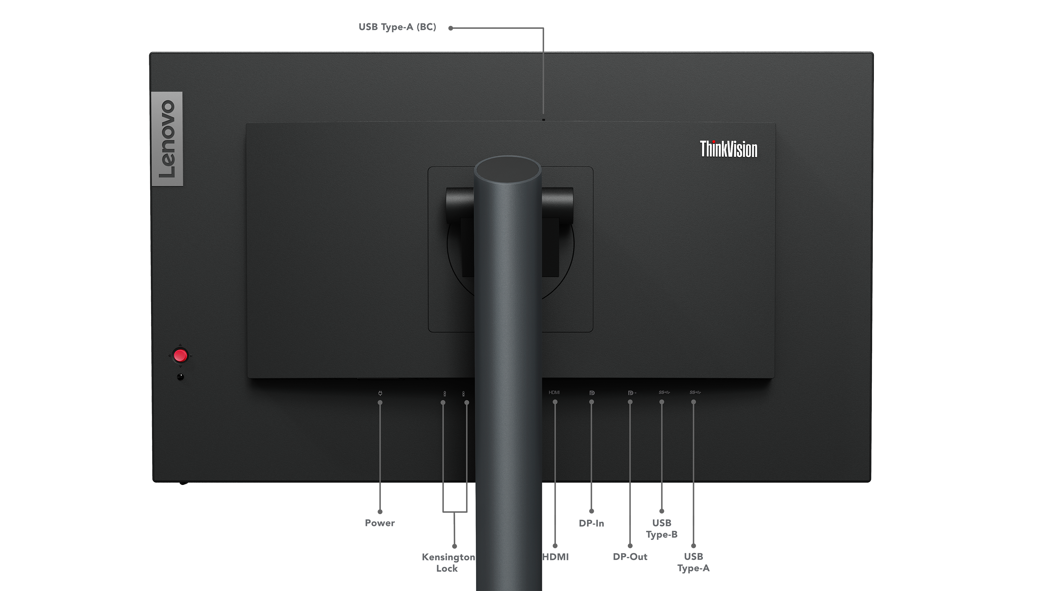 Schwarzer Lenovo-Monitor-Rücken mit Anschlüssen, Einschaltknopf und Ständer. Beschriftungen: USB, HDMI, DP, Kensington Lock und ThinkVision-Logo.