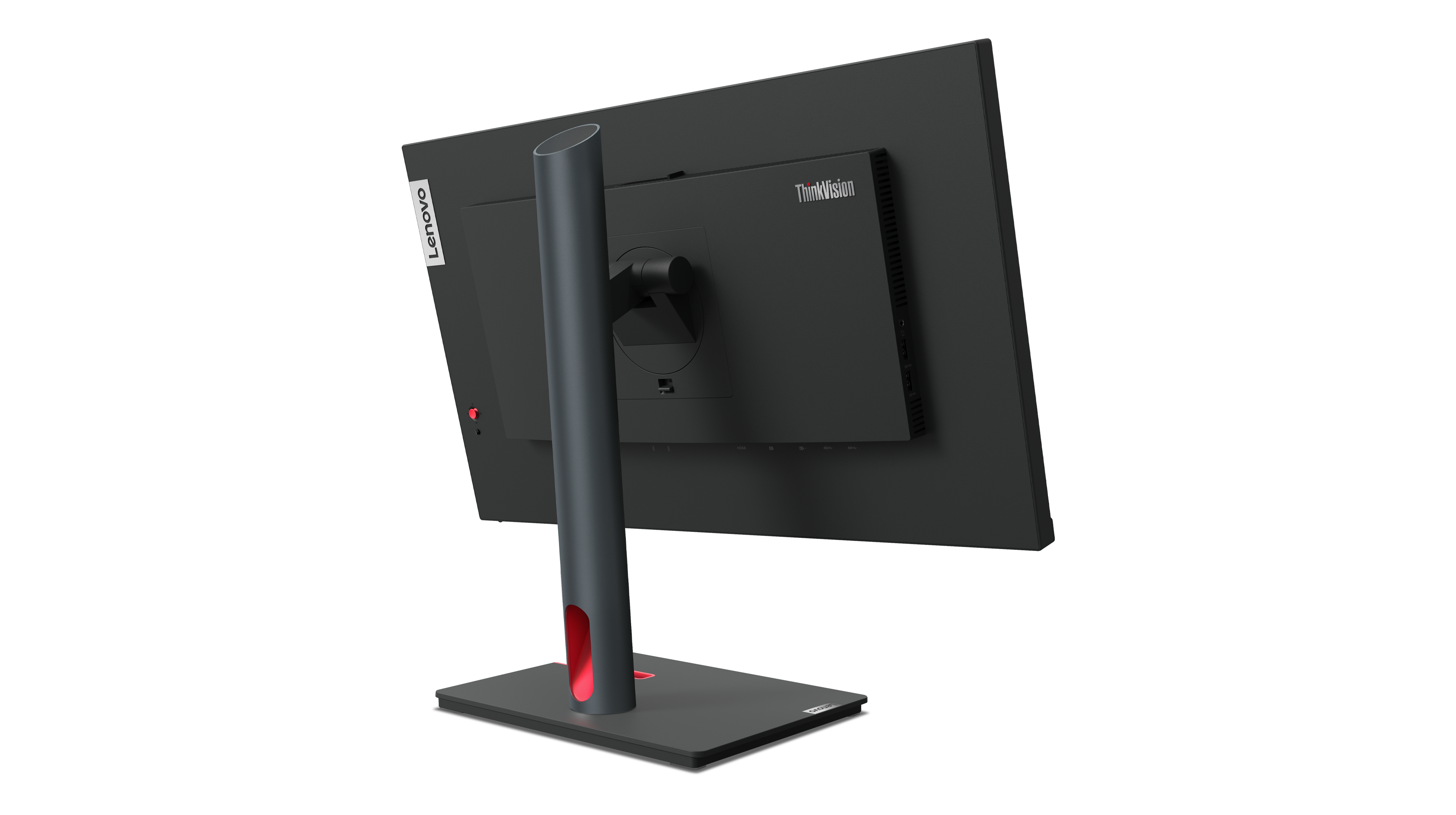 Ein schwarzer Lenovo ThinkVision Monitor von hinten. Er hat einen grauen Ständer mit rotem Akzent. Der Hintergrund ist schwarz.