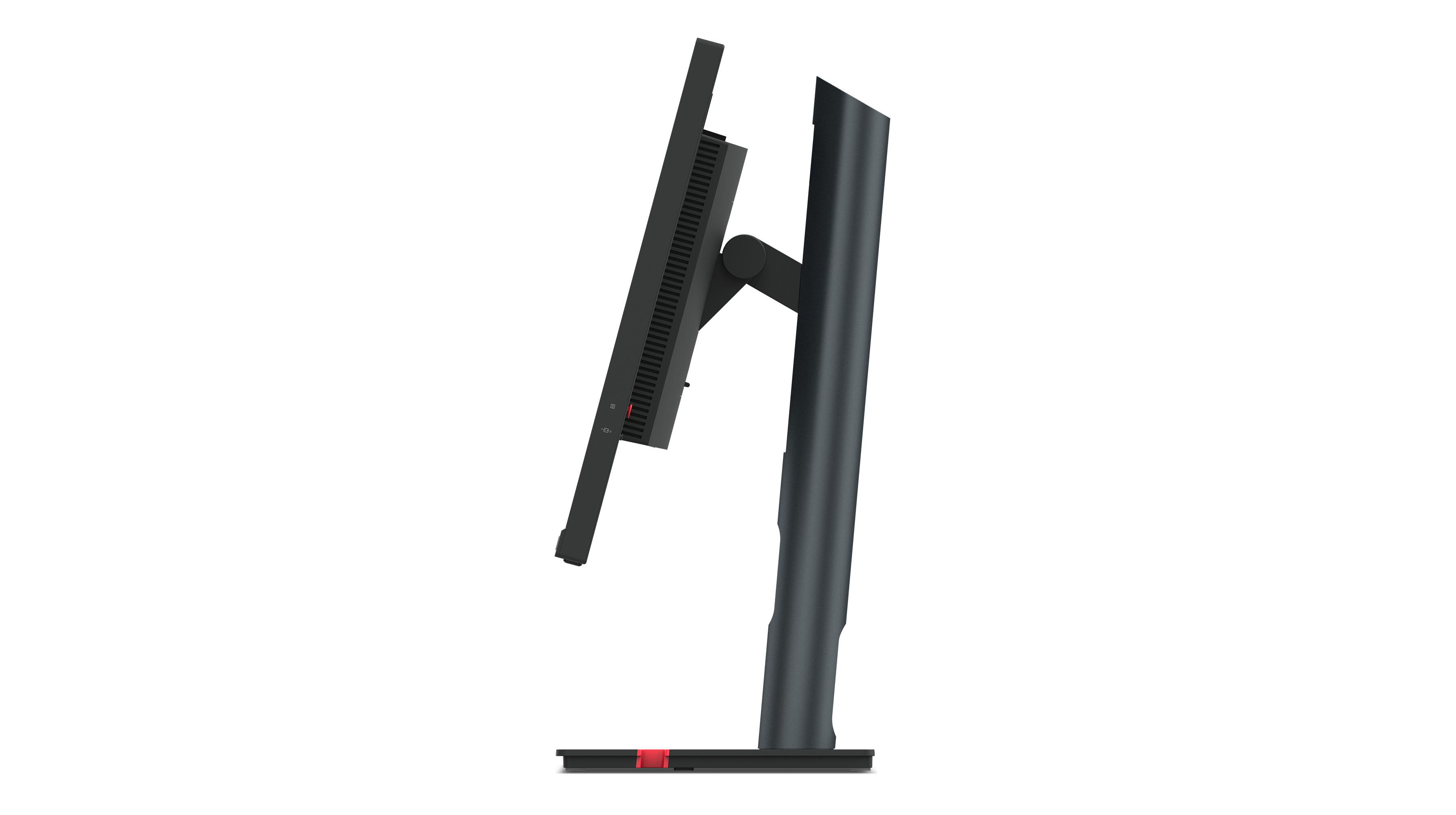 Seitenansicht eines schwarzen Computermonitors. Der Monitor ist angewinkelt, der Ständer dunkelgrau mit roter Akzent.