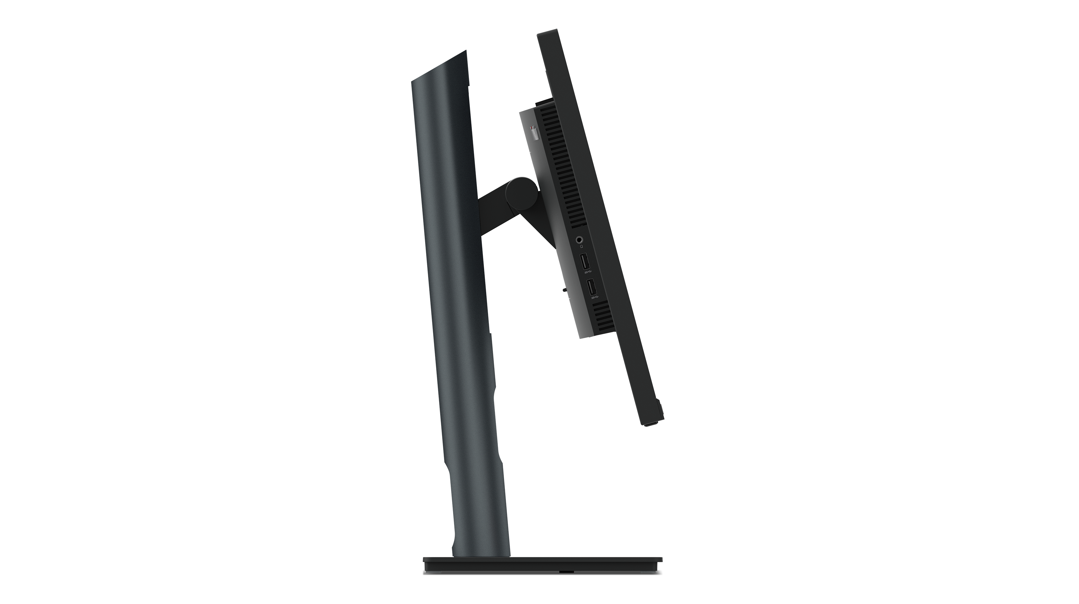 Ein schwarzer Computermonitor wird von der Seite gezeigt. Er ist auf einem Ständer montiert. Der Hintergrund ist schwarz.