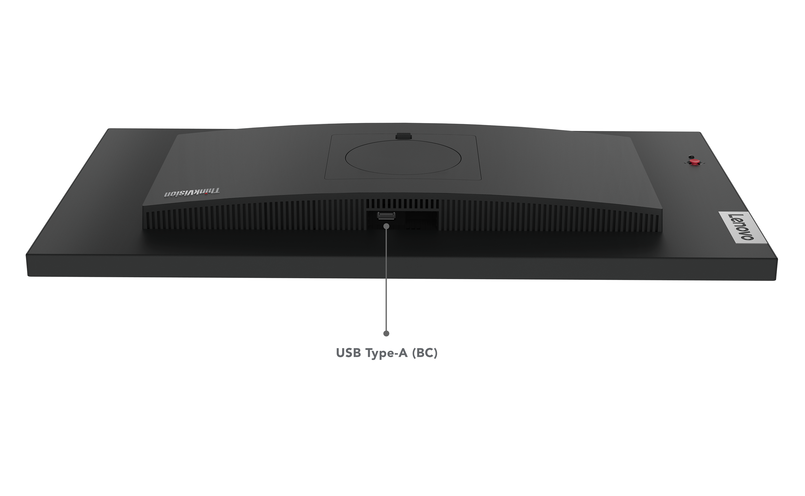 Rückseite des schwarzen Lenovo-Monitors mit USB-Anschluss. ThinkVision-Logo. Roter Knopf. USB-Typ-A-Anschluss.