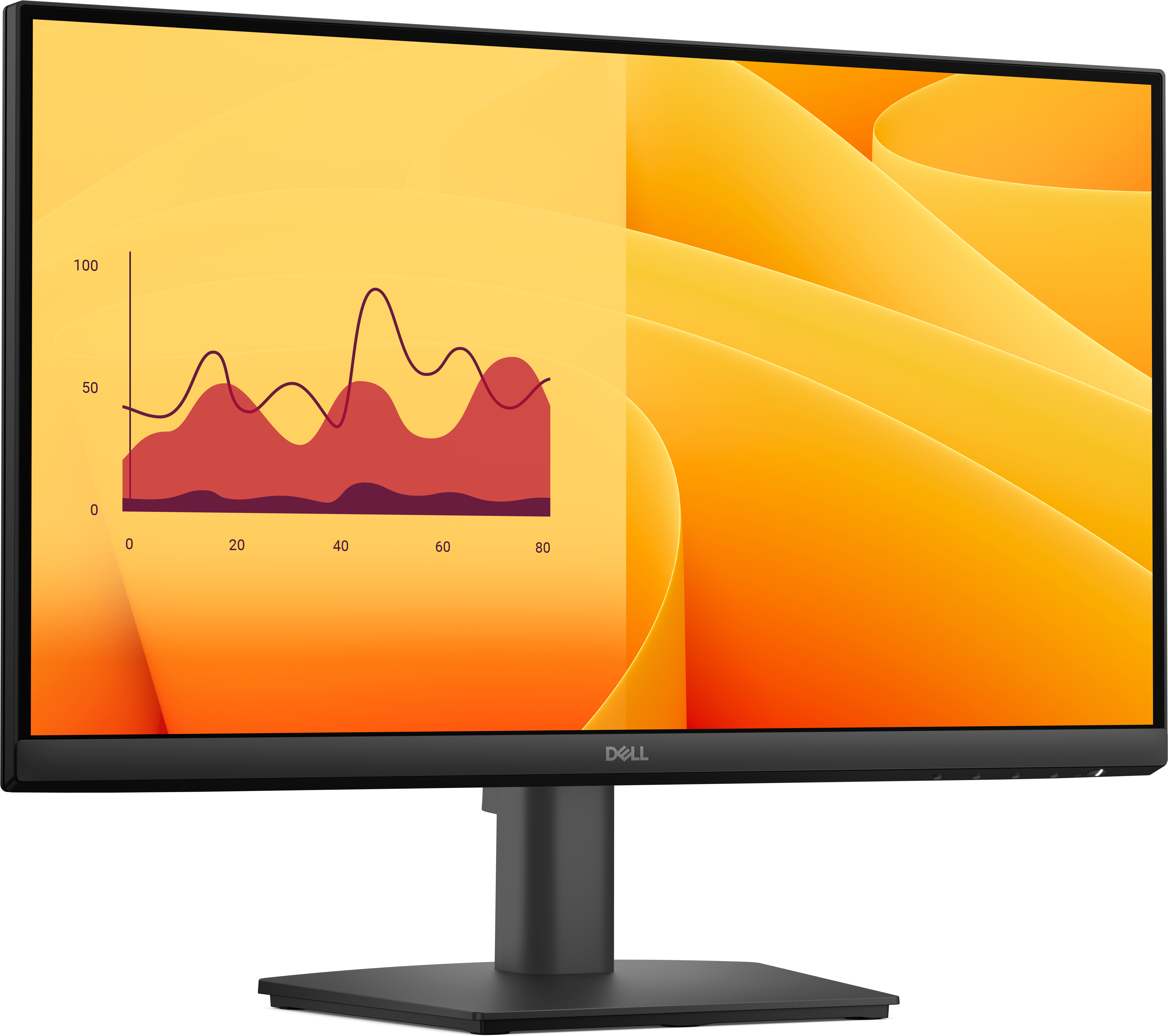 Ein Dell-Monitor zeigt links ein Diagramm und rechts orangefarbene, abstrakte Formen. Der Monitor steht auf einem schwarzen Ständer.