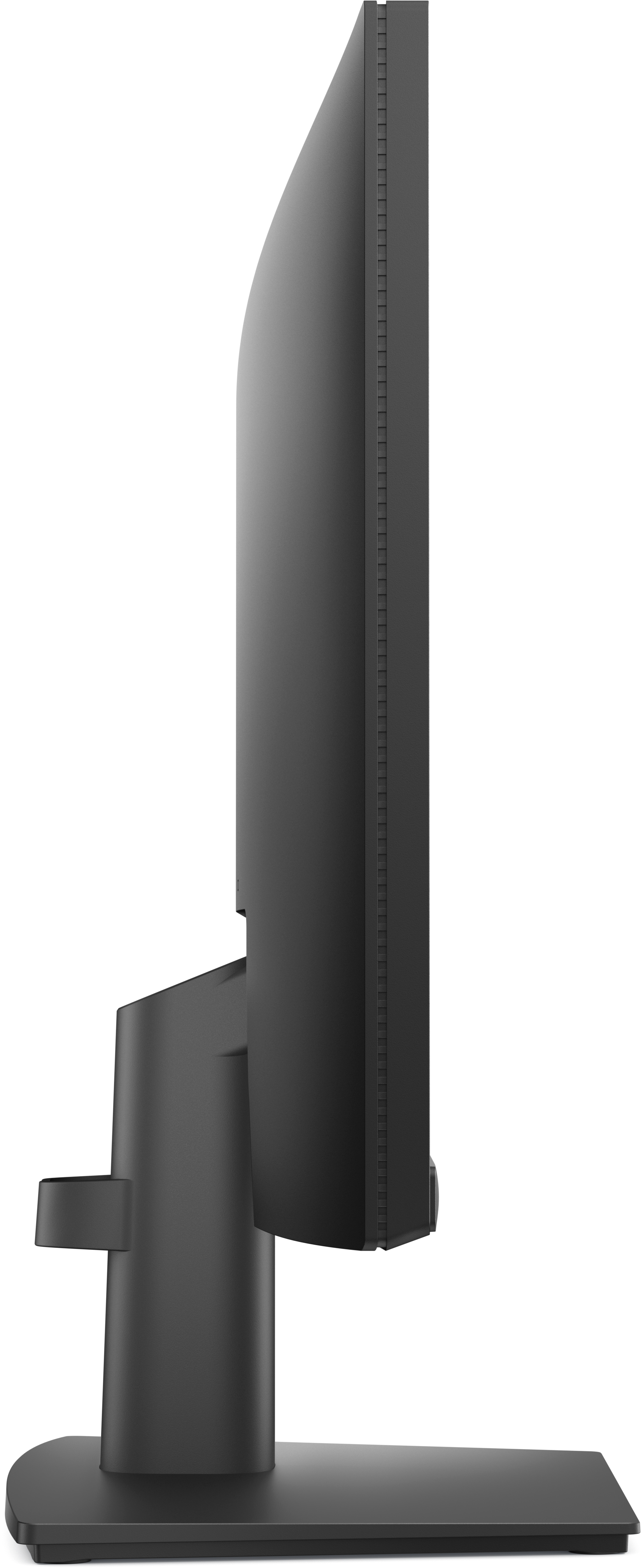 Seitenansicht eines Computermonitors mit grauem Bildschirm, schwarzem Ständer und schwarzem Hintergrund.