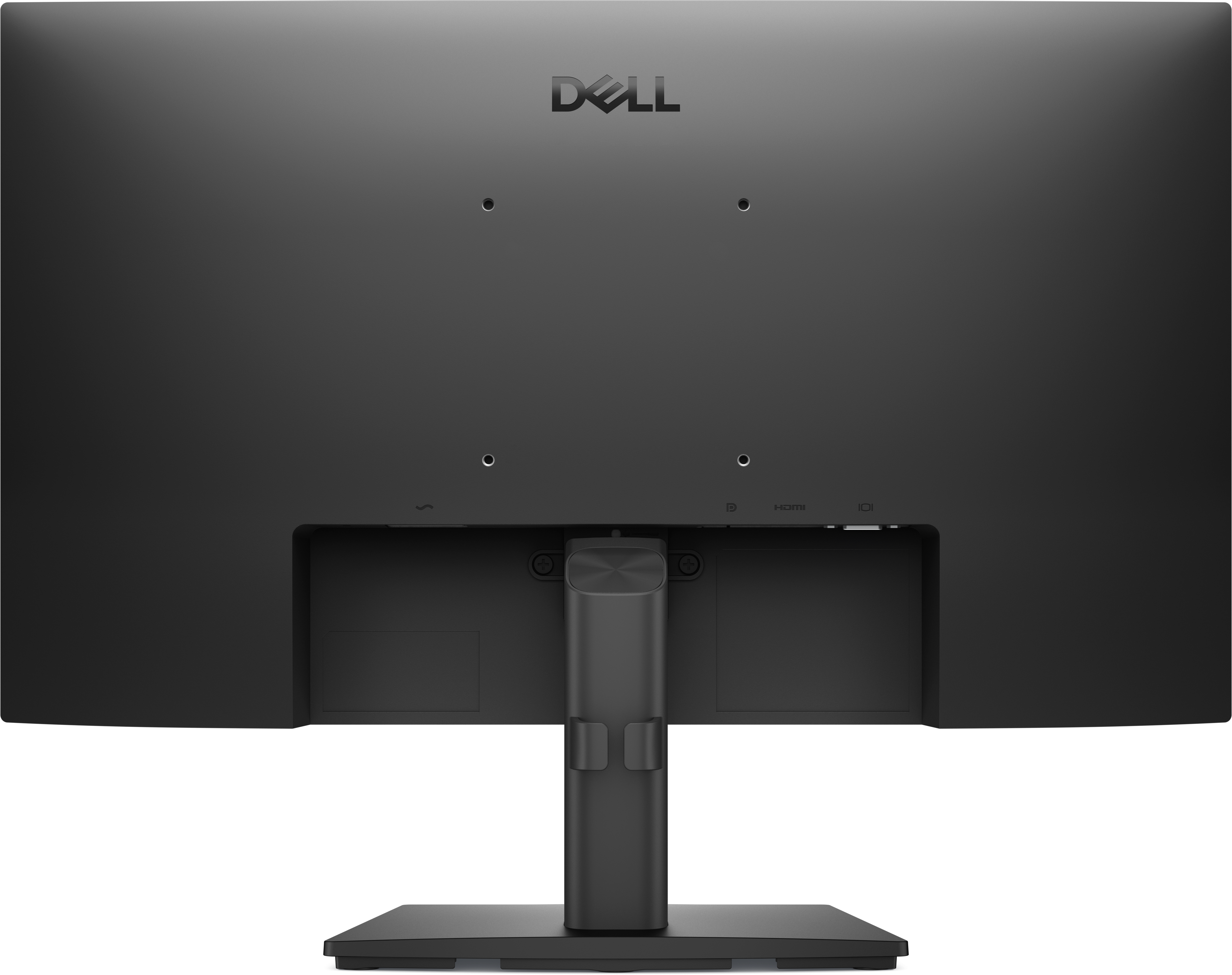 Rückseite eines Dell-Monitors. Merkmale sind das Dell-Logo, Anschlüsse und ein Ständer.