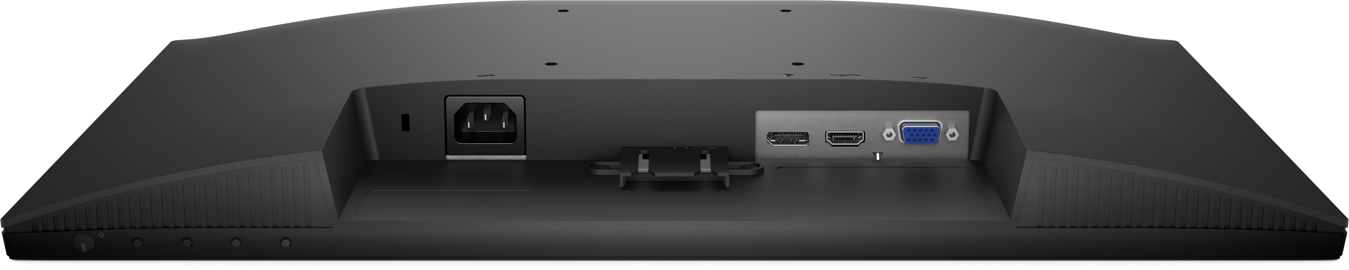 Rückseite eines schwarzen Computermonitors. Merkmale: Stromeingang, HDMI, USB und VGA-Anschlüsse, mit Steuertasten unten.