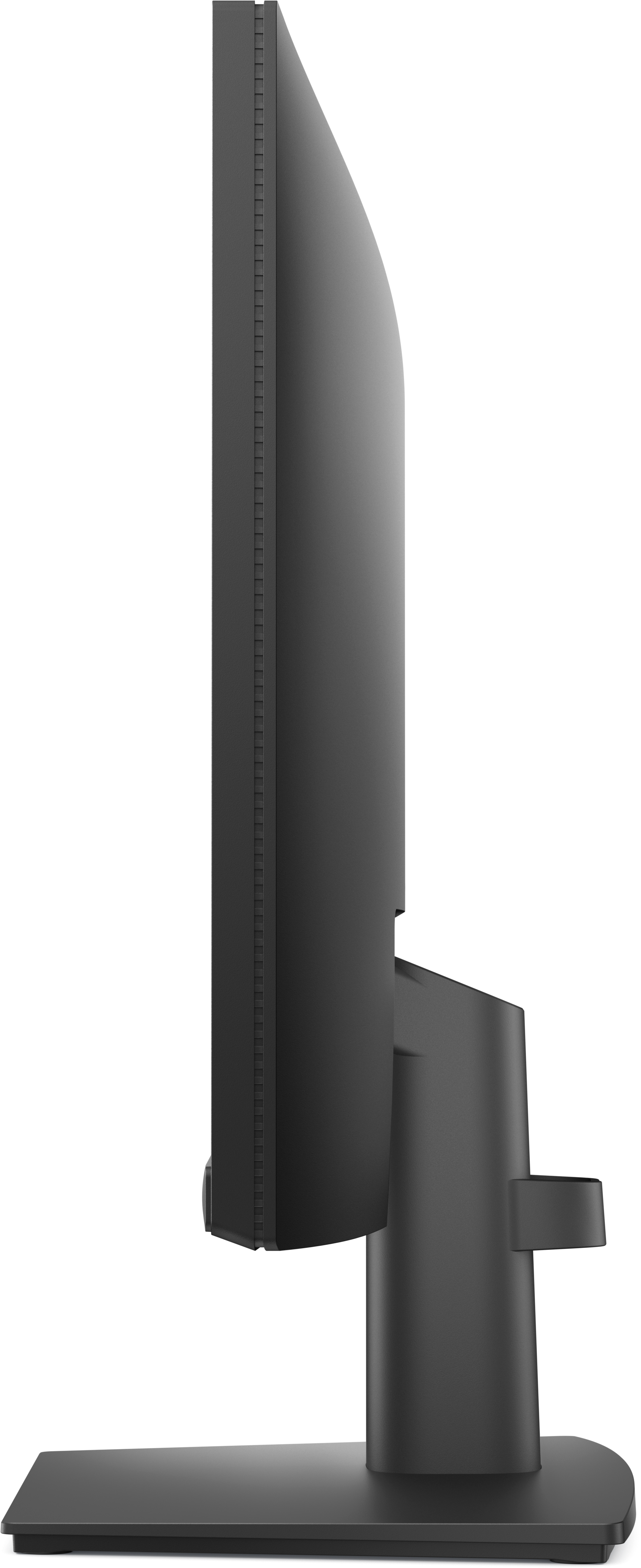 Seitenansicht eines schwarzen Computermonitors. Er hat einen dünnen Rahmen, einen Ständer und einen Sockel. Der Hintergrund ist schwarz.