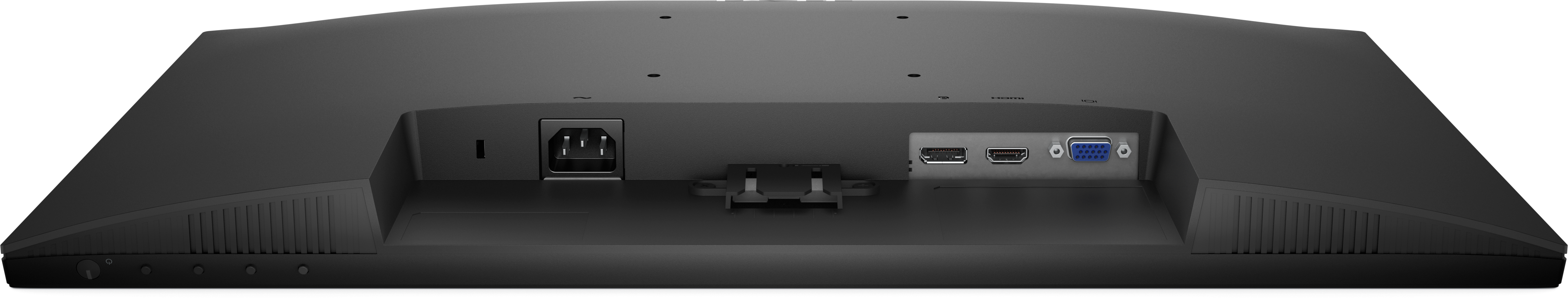 Rückansicht eines schwarzen Monitors. Enthält Strom-, HDMI- und VGA-Anschlüsse.