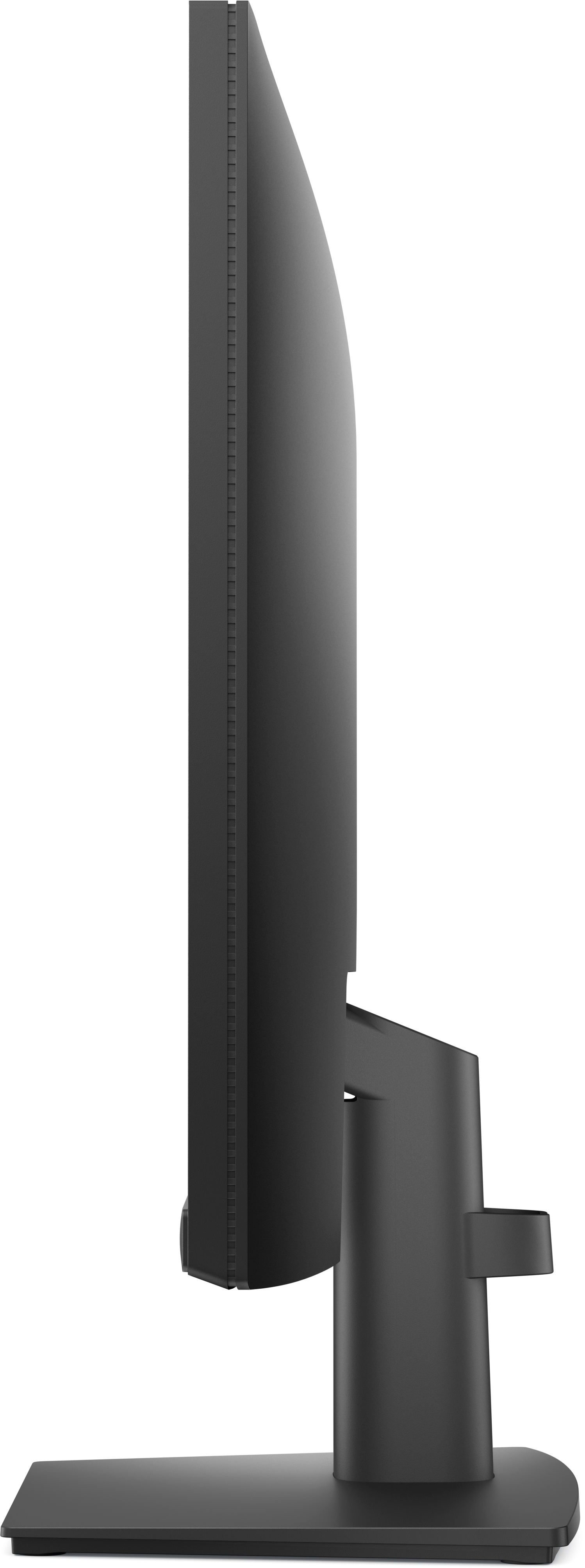 Ein schwarzer Computermonitor wird von der Seite gezeigt. Er steht auf einem Ständer vor einem schwarzen Hintergrund.