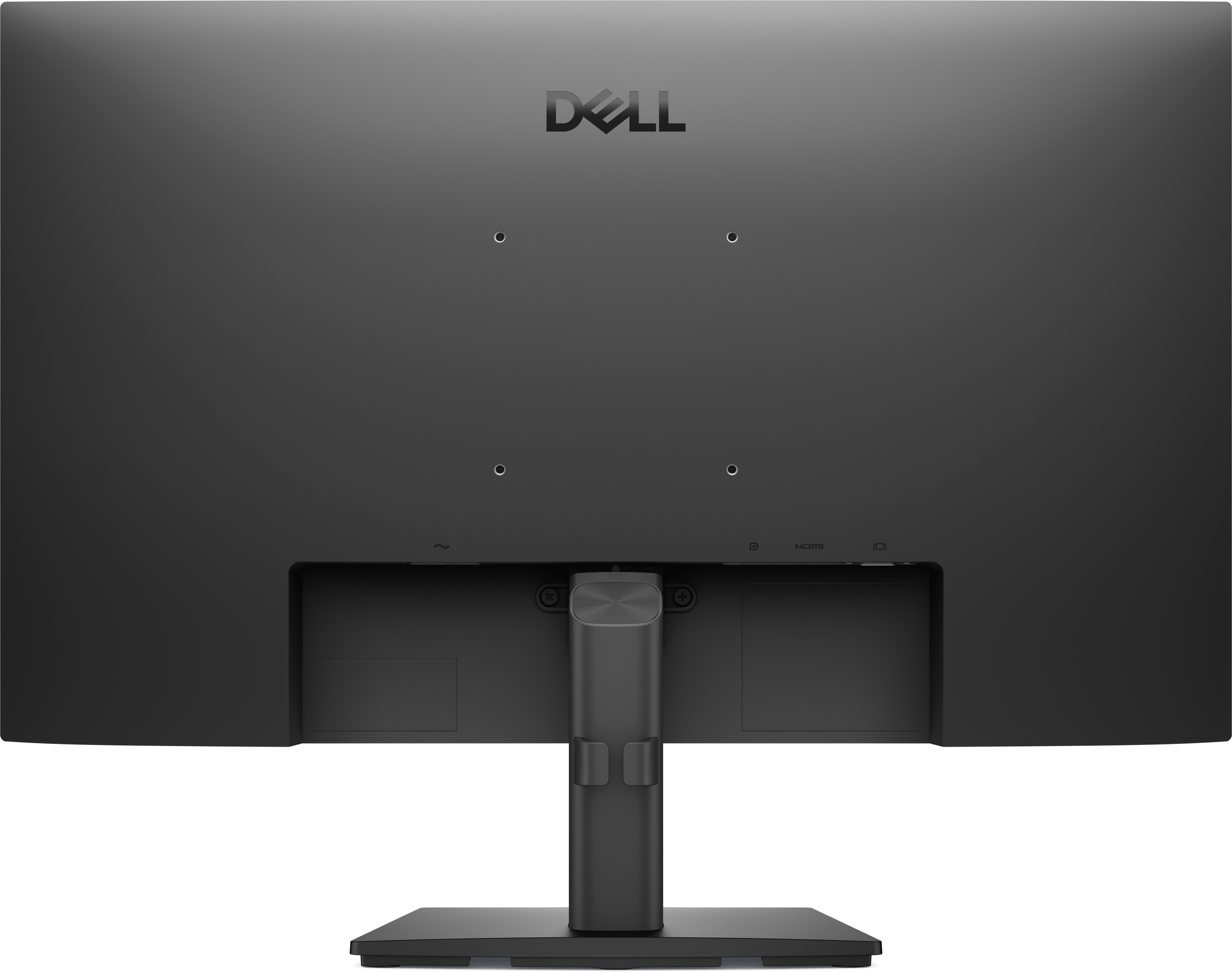 Rückansicht eines schwarzen Computermonitors. Dell-Logo oben. Anschlüsse und Ständer unten sichtbar.