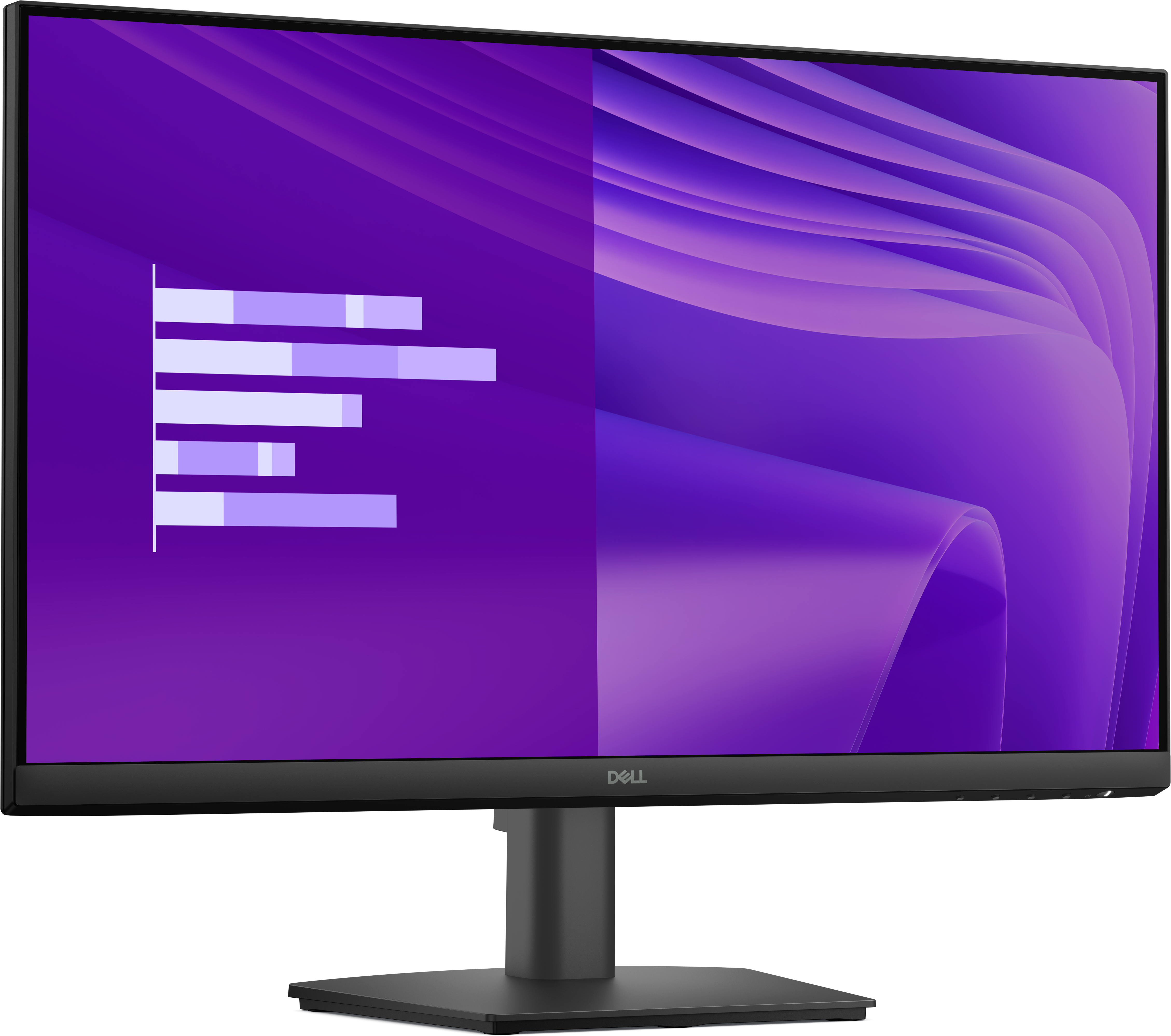 Ein Dell-Monitor zeigt ein violettes abstraktes Bild und ein Balkendiagramm. Der Monitor hat einen schwarzen Rahmen und Standfuß.