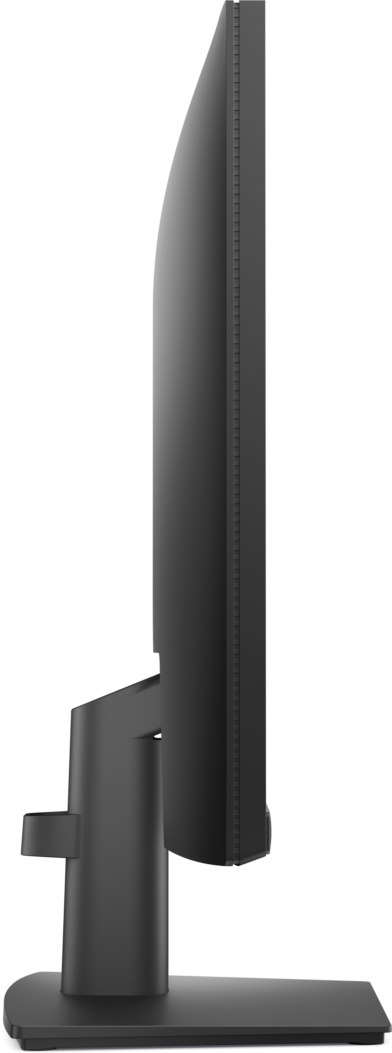 Seitenansicht eines schwarzen Computermonitors. Es hat einen Ständer und ein Display. Der Hintergrund ist schwarz.