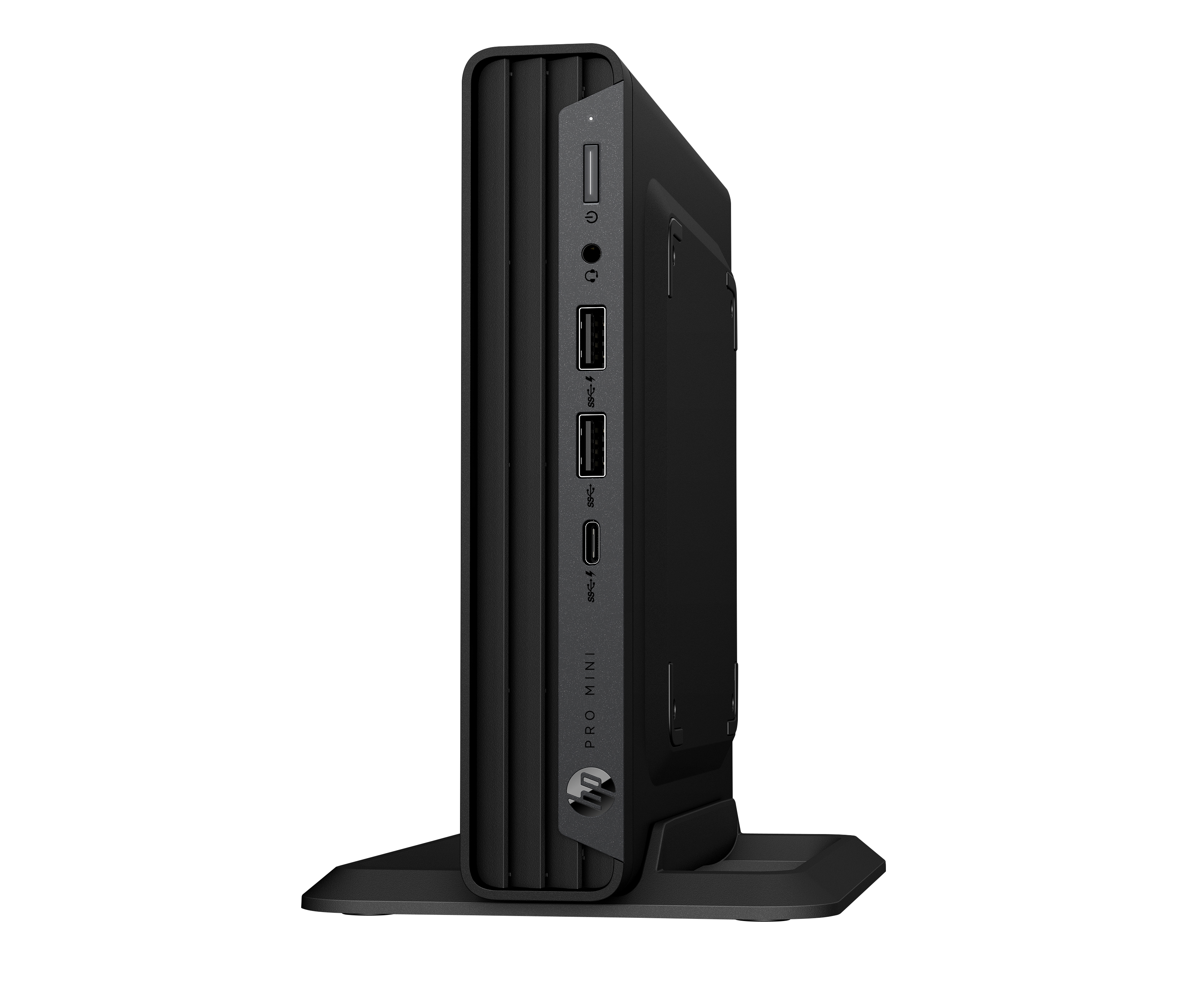 Schwarzer HP Pro Mini Desktop-Computer auf einem Ständer. Anschlüsse sind sichtbar. Schwarzer Hintergrund.