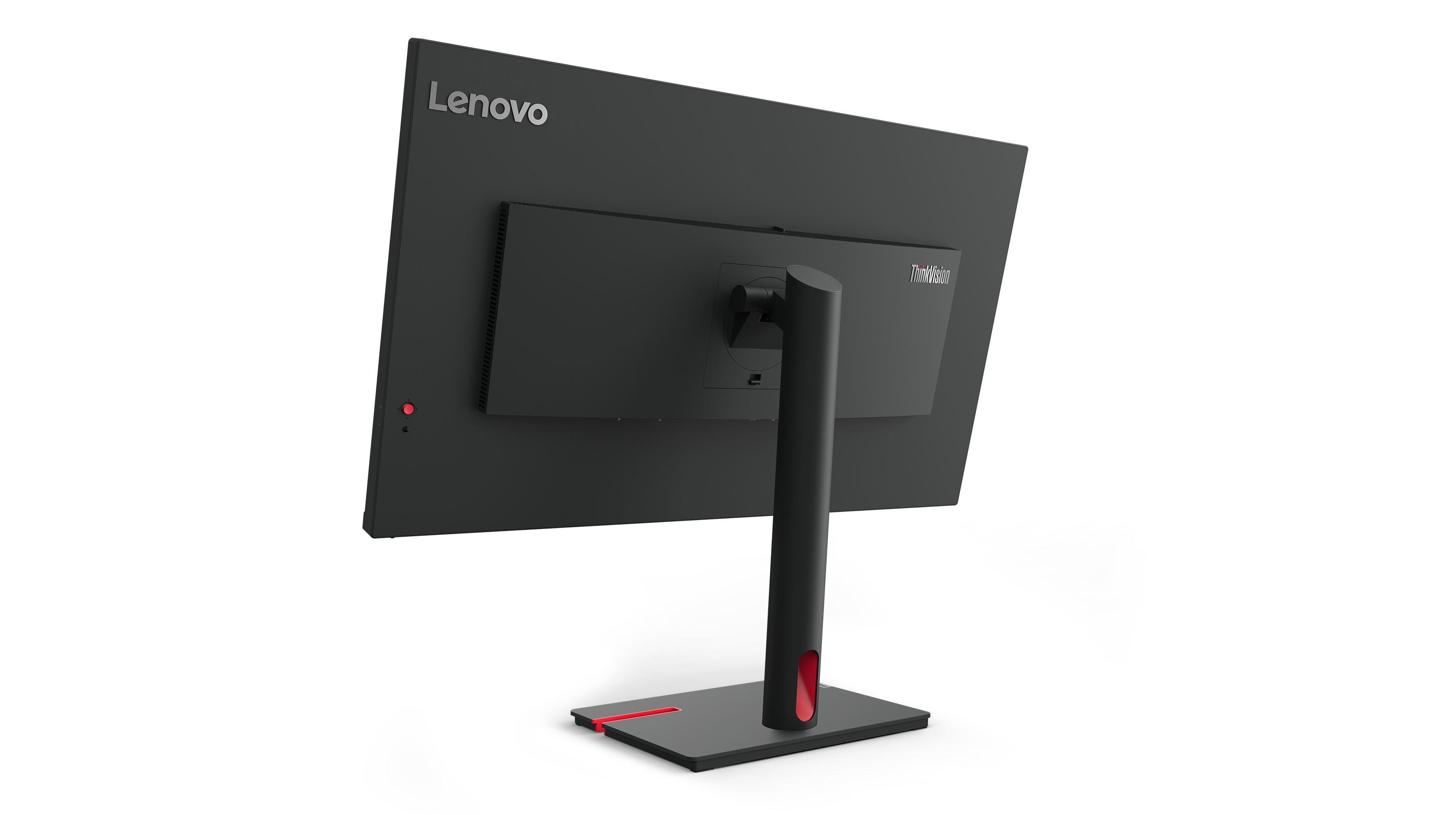 Schwarzer Lenovo-Monitor, Rückansicht, rote Akzente. Sockel, Ständer und Power-Taste. ThinkVision-Logo sichtbar.