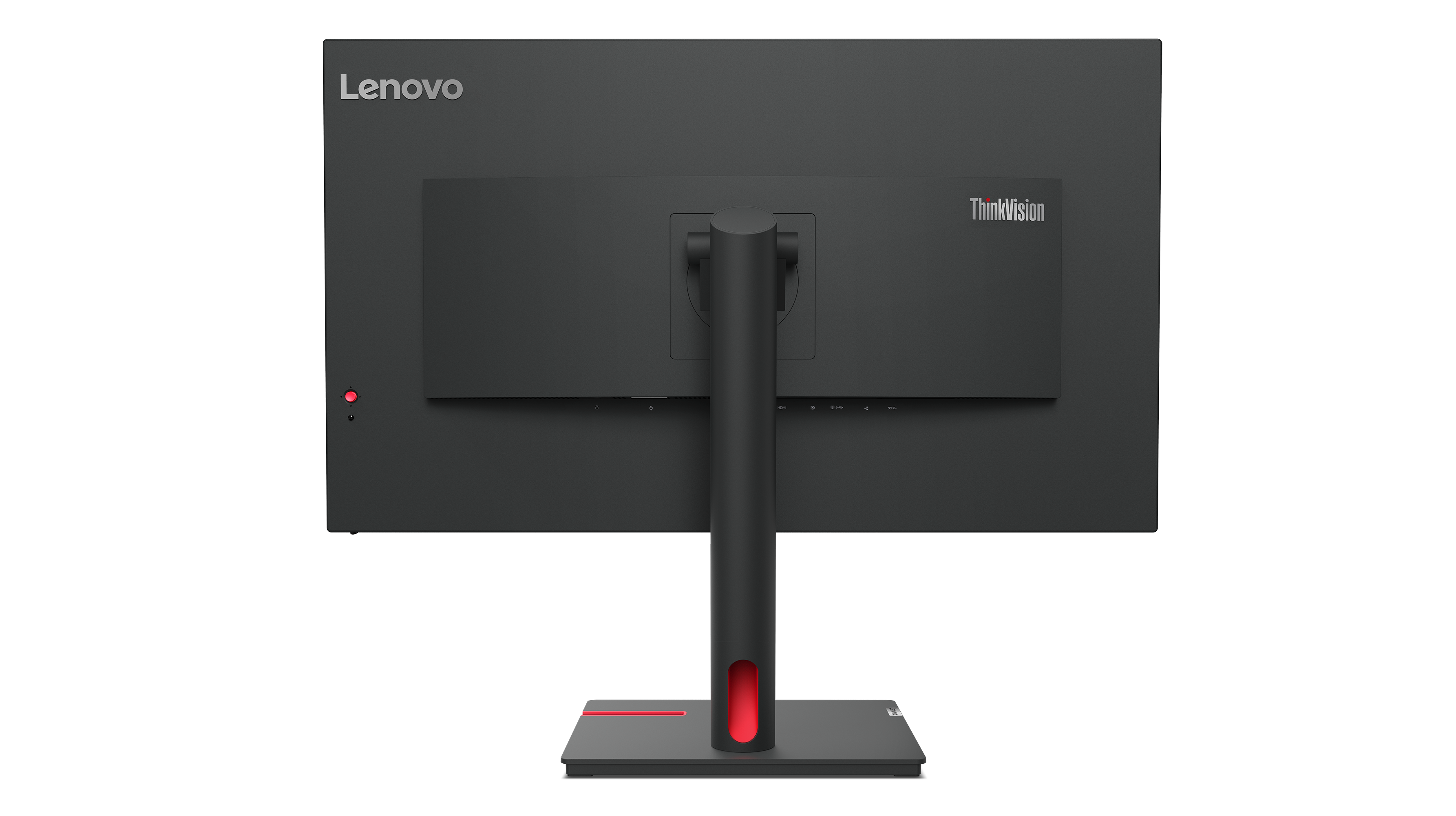 Die Rückseite eines Lenovo ThinkVision Monitors. Schwarz mit rotem Licht und Ständer. Lenovo- und ThinkVision-Logos sind sichtbar.