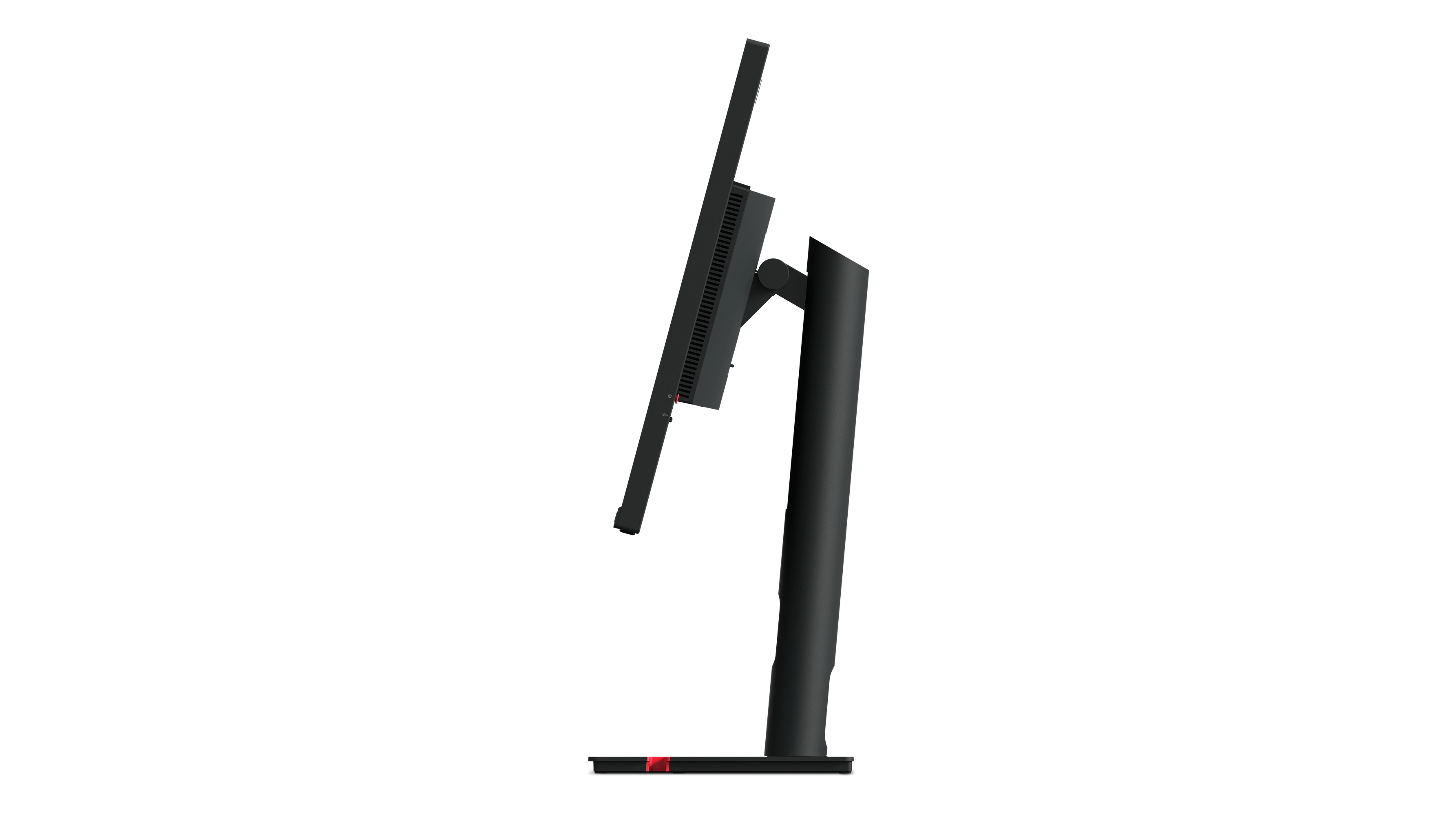 Seitenansicht eines schwarzen Computermonitors mit schwarzem Ständer, roten Akzenten, vor schwarzem Hintergrund.