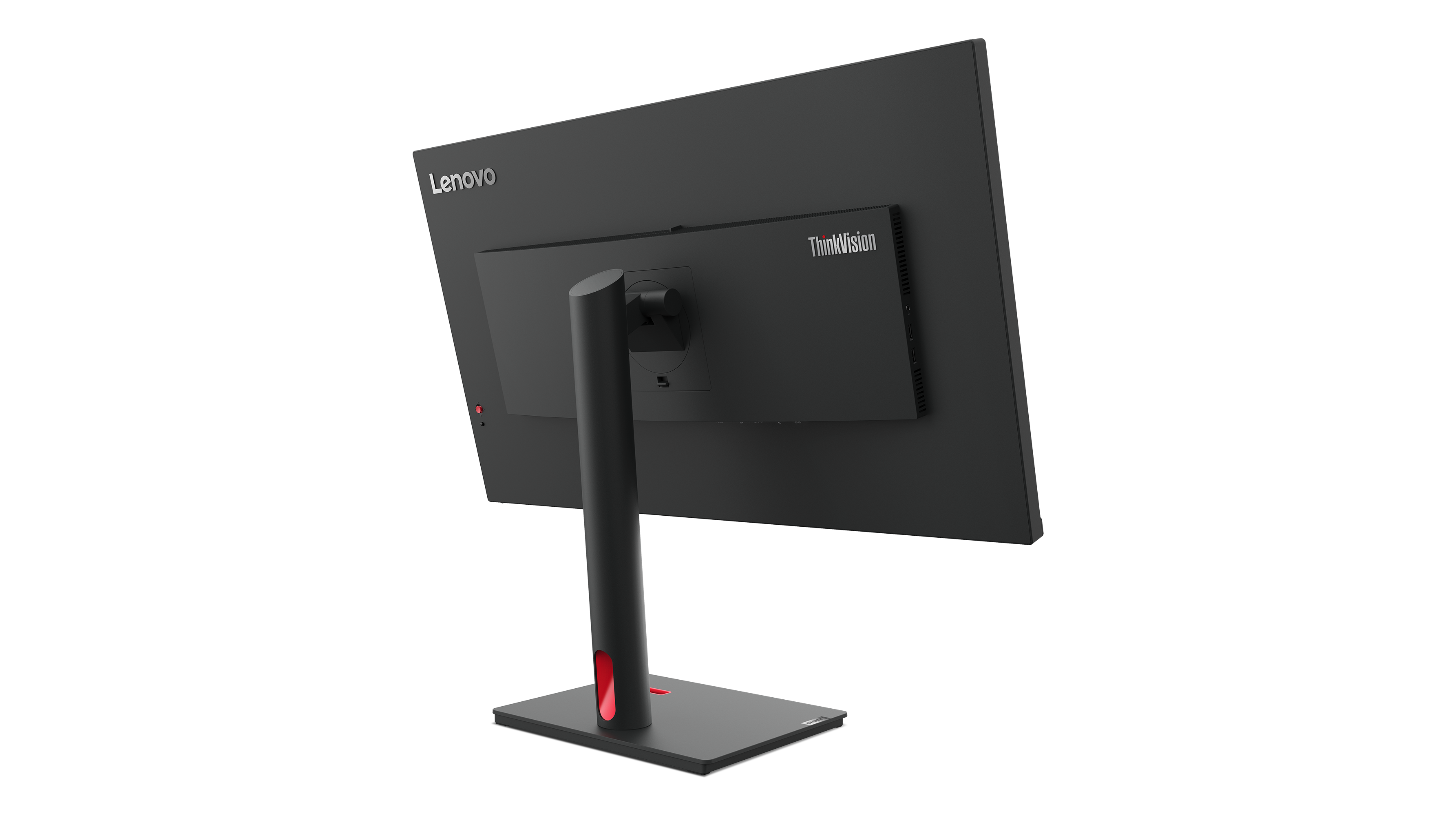 Ein schwarzer Lenovo ThinkVision Monitor von hinten. Er hat einen roten Sockel und einen schwarzen Ständer. Das Lenovo-Logo ist sichtbar.
