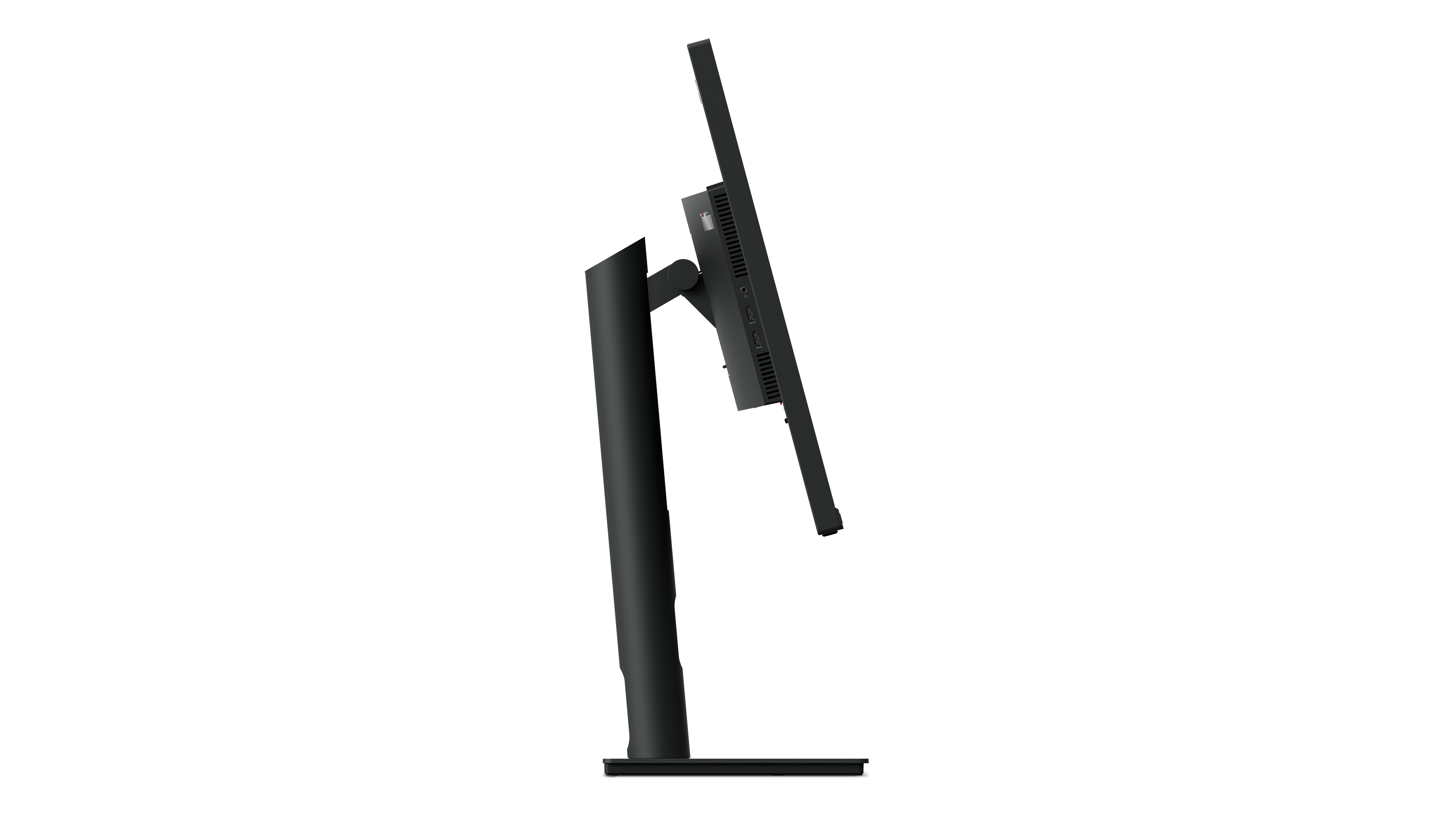 Ein schwarzer Computermonitor ist nach rechts abgewinkelt und wird von einem schwarzen Ständer vor schwarzem Hintergrund getragen.
