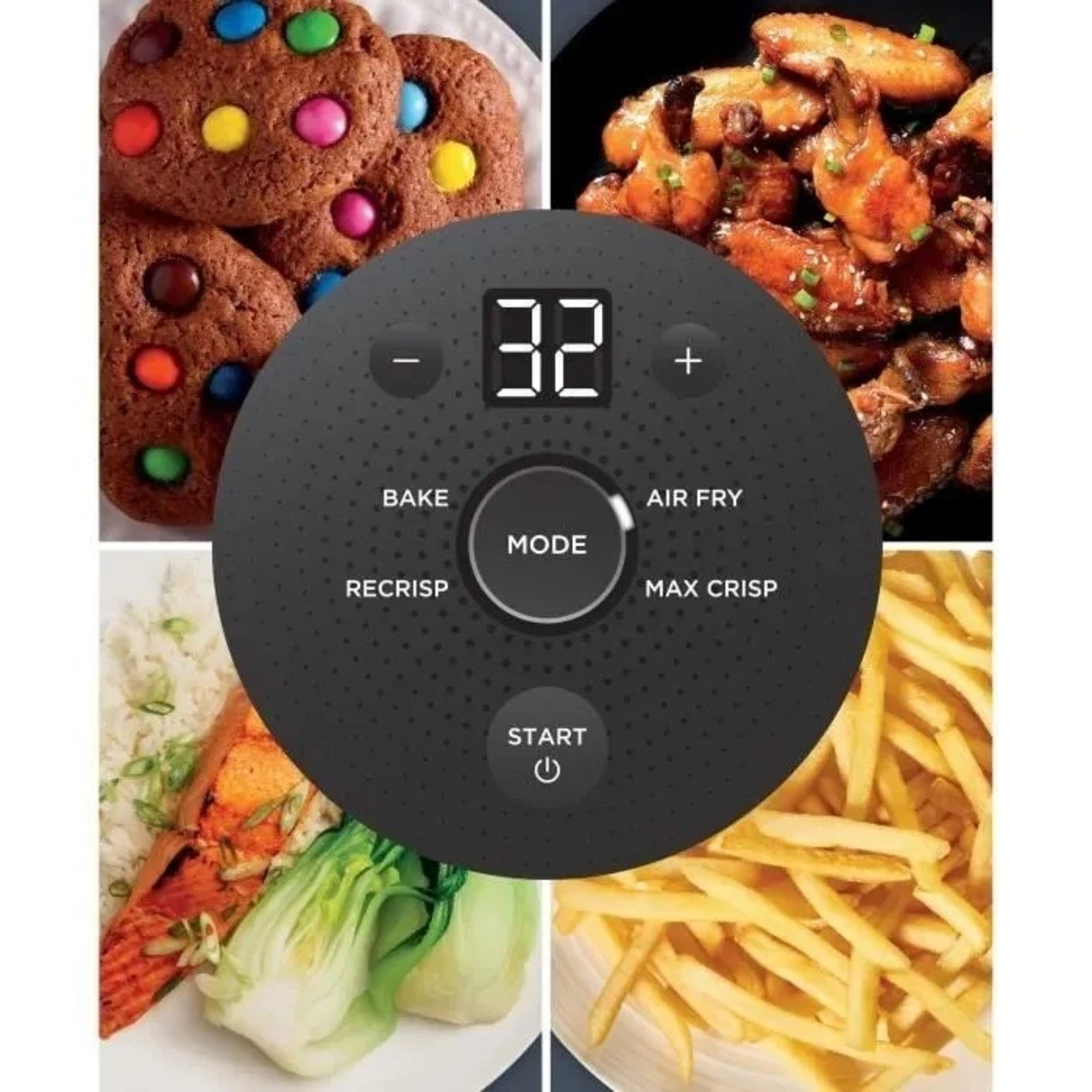 Een airfryer met een bedieningspaneel dat 32 weergeeft. Afbeeldingen van koekjes, kippenvleugels, zalm met paksoi en friet omringen het.