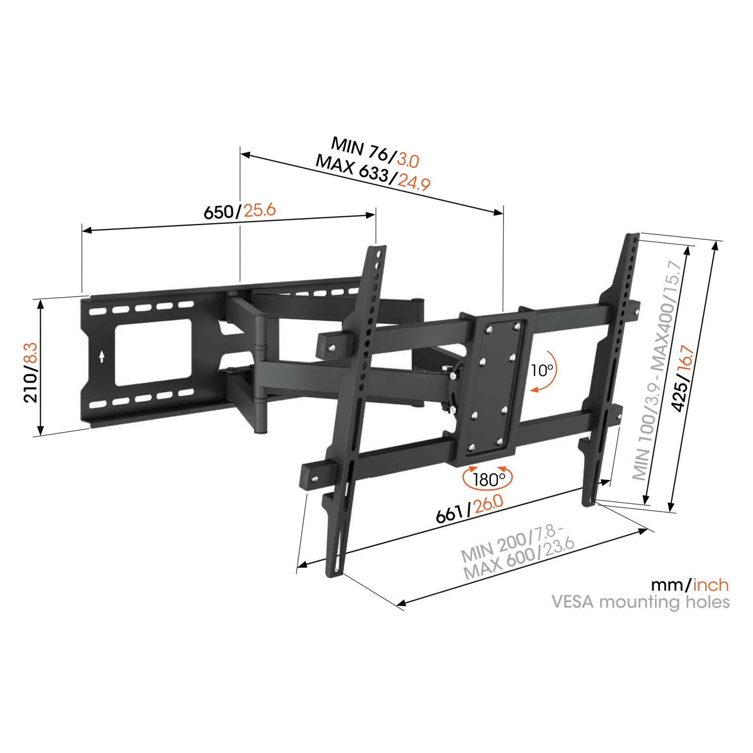 Support mural TV noir avec dimensions en mm/pouces. Comprend des mesures comme 650/25.6 et 661/26.0, avec trous de montage VESA.