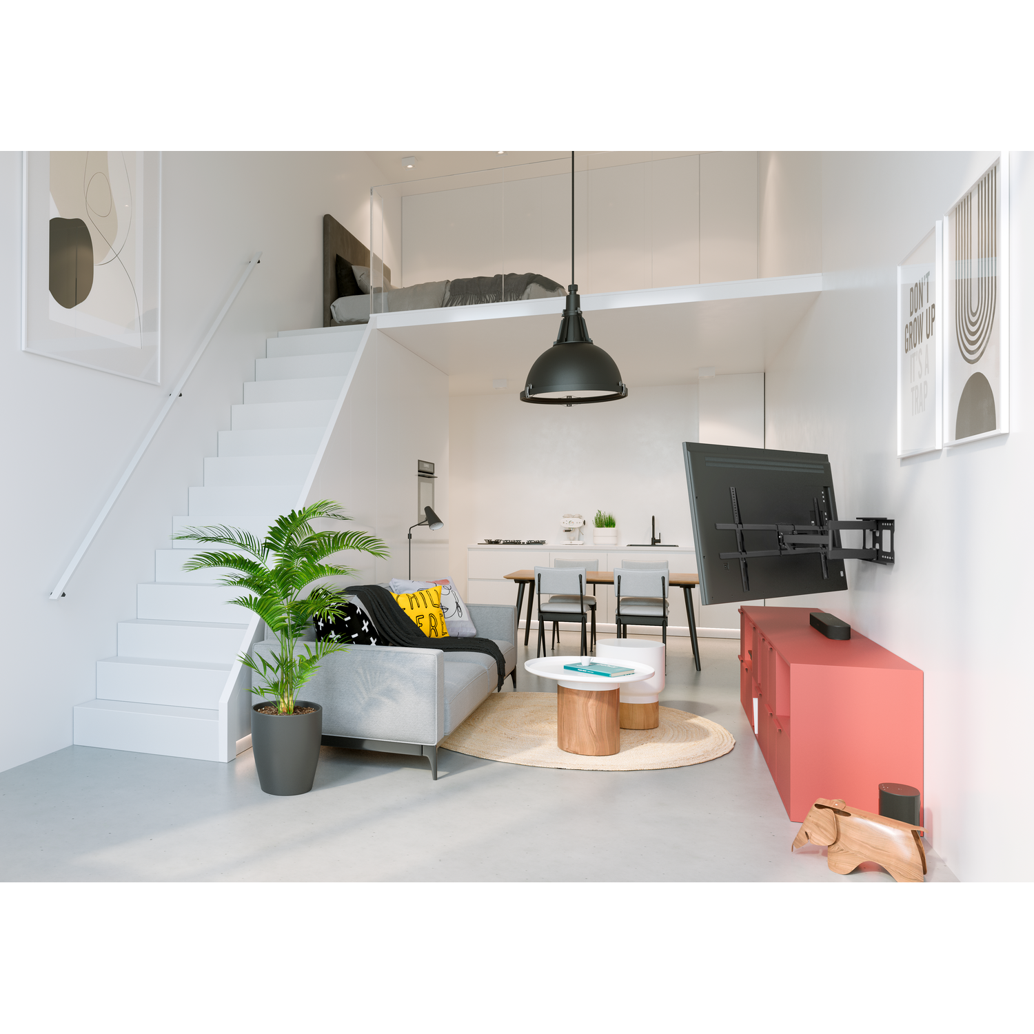 Salon moderne avec escalier, canapé, téléviseur et lit en mezzanine. Comprend un meuble rouge, une plante et une lampe suspendue.
