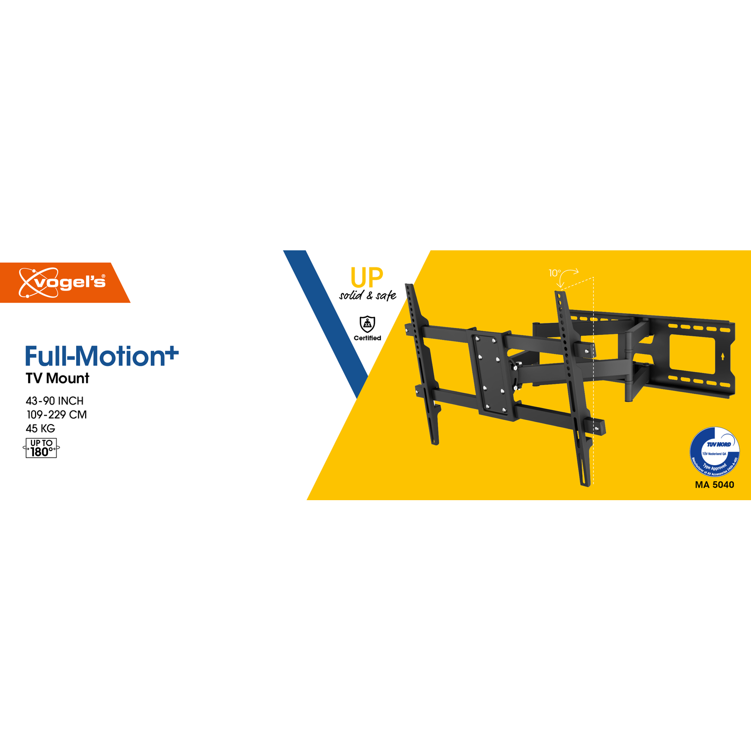 Un support TV noir est affiché sur un fond blanc et jaune. Le support est étiqueté 'Full-Motion+' et comprend des spécifications de taille.