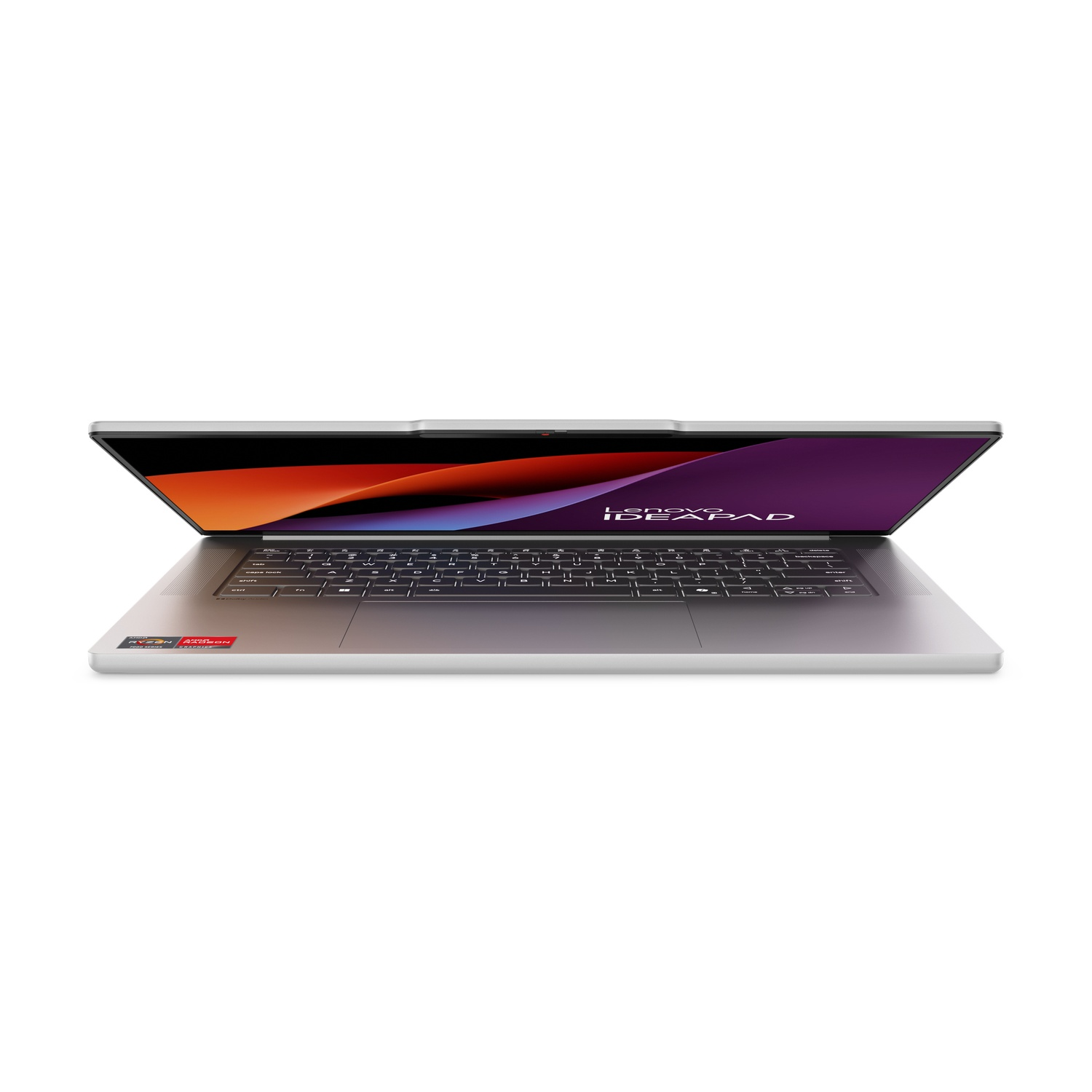 Un ordinateur portable argenté, ouvert, affichant un écran coloré avec le logo Lenovo IdeaPad. Le clavier est visible, sur fond blanc.