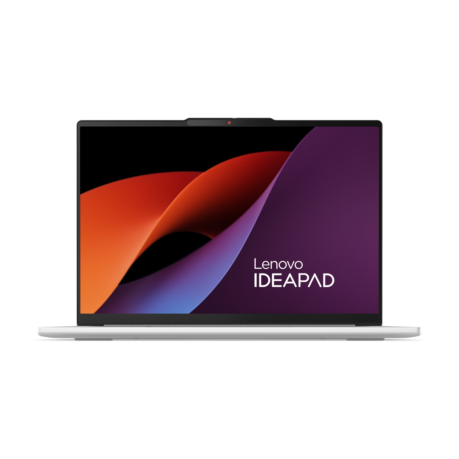 Un ordinateur portable Lenovo IdeaPad argenté est ouvert. L'écran affiche un design abstrait avec des couleurs orange, rouge et violet.