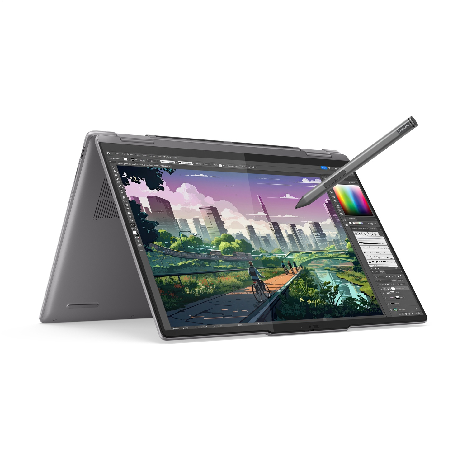Un ordinateur portable Lenovo affiche une scène de peinture numérique d'une ville, avec un stylet pointant vers l'écran. Fond blanc.