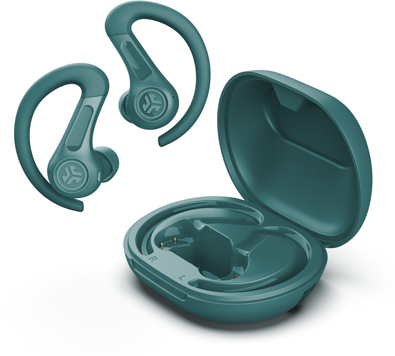 Two teal earbuds and an open charging case on a black background.