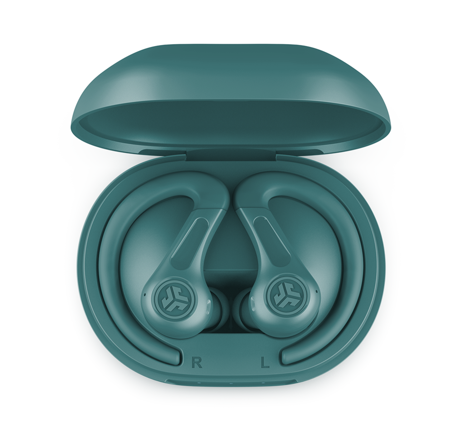Teal earbuds with ear hooks in an open charging case on a black background.
