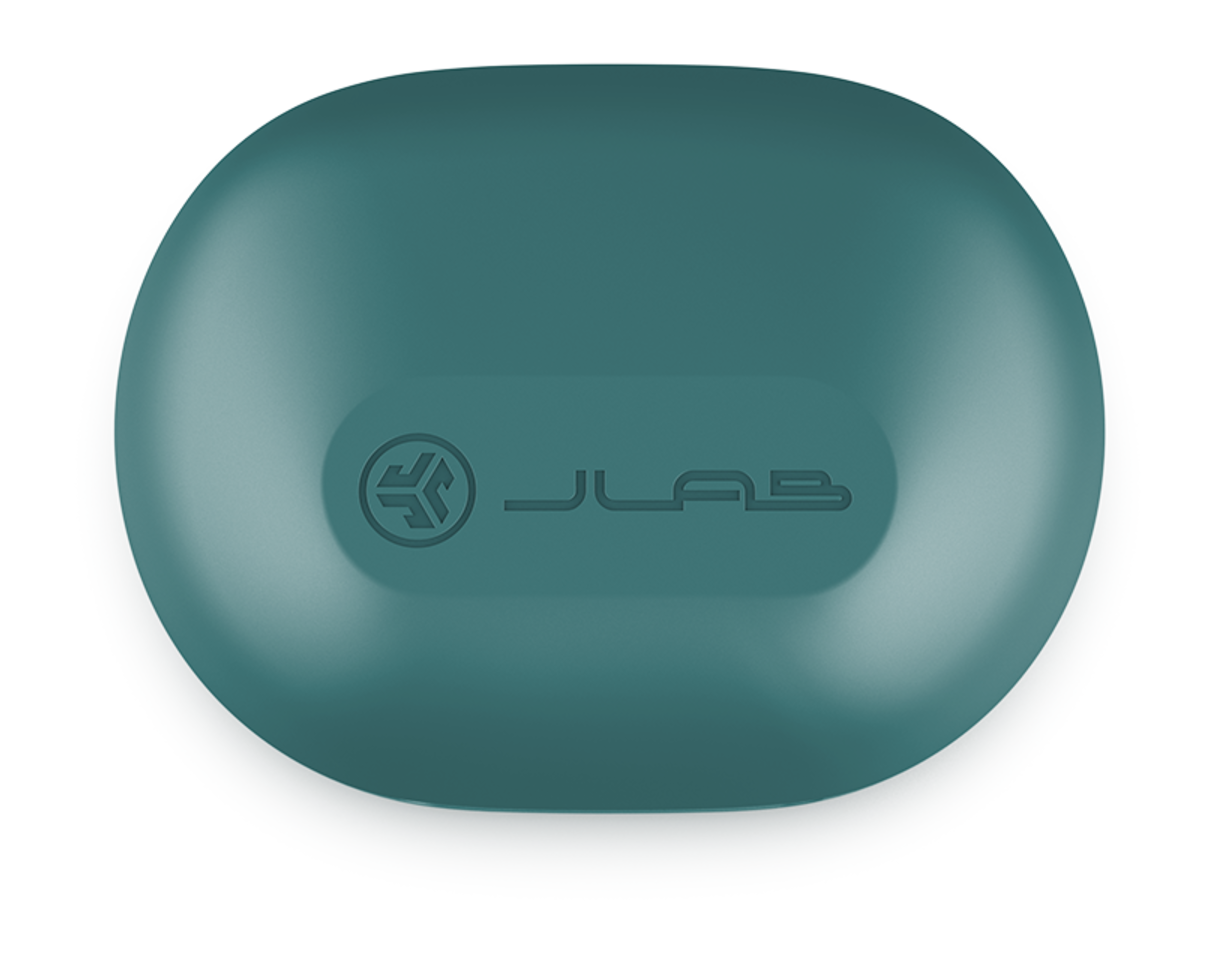 A teal-colored earbud case with a JLab logo.